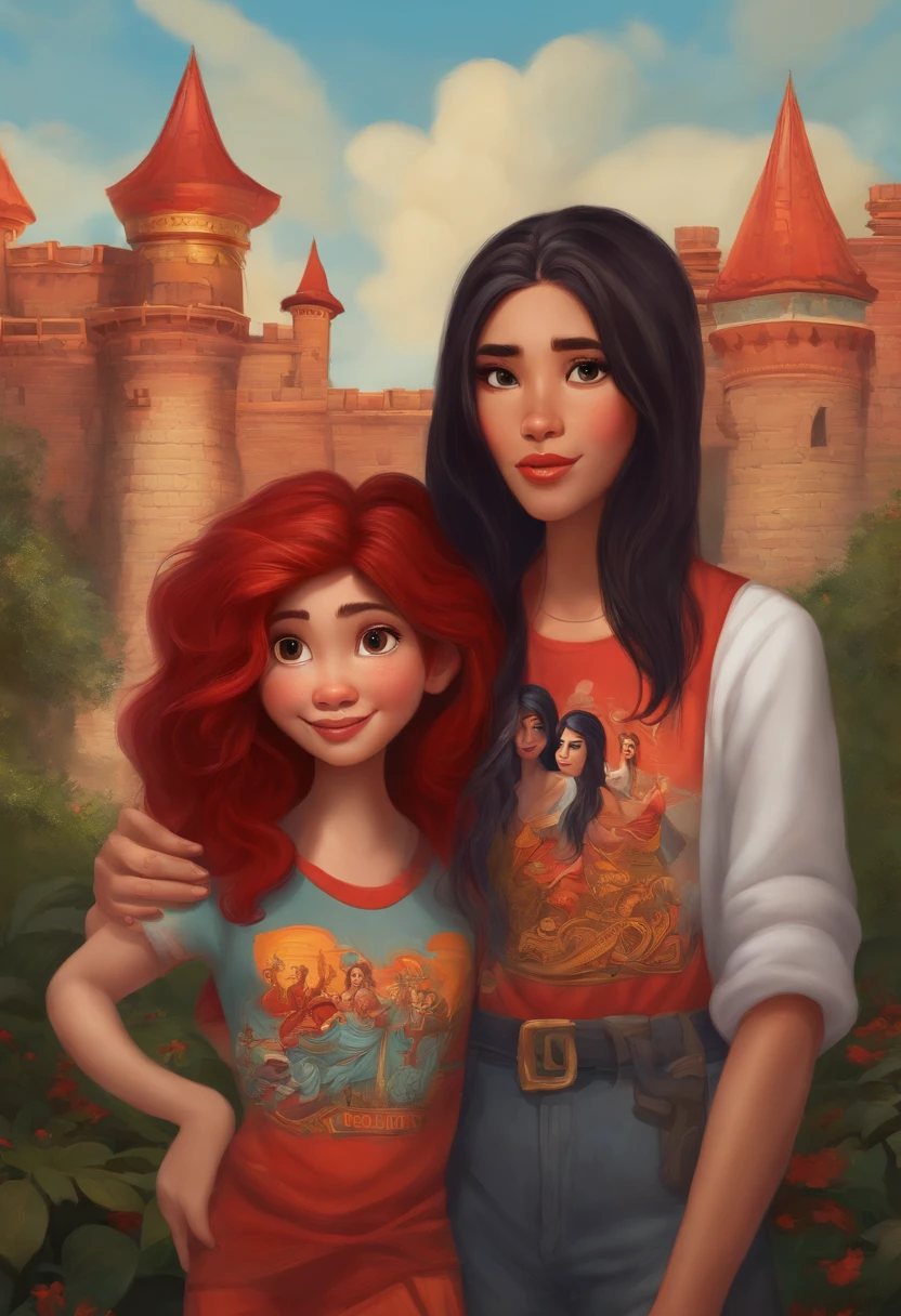 Desenhe estilo Disney Pixar,uma menina magra , oriental,de cabelo na altura do ombro,com camiseta da banda de rock red hot chilli peppers ,em frente ao castelo da Disney