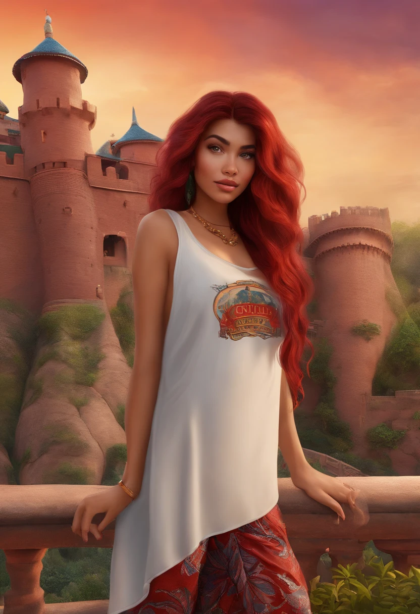 Desenhe estilo Disney Pixar,uma magra , oriental,de cabelo na altura do ombro,com camiseta da banda de rock red hot chilli peppers ,em frente ao castelo da Disney