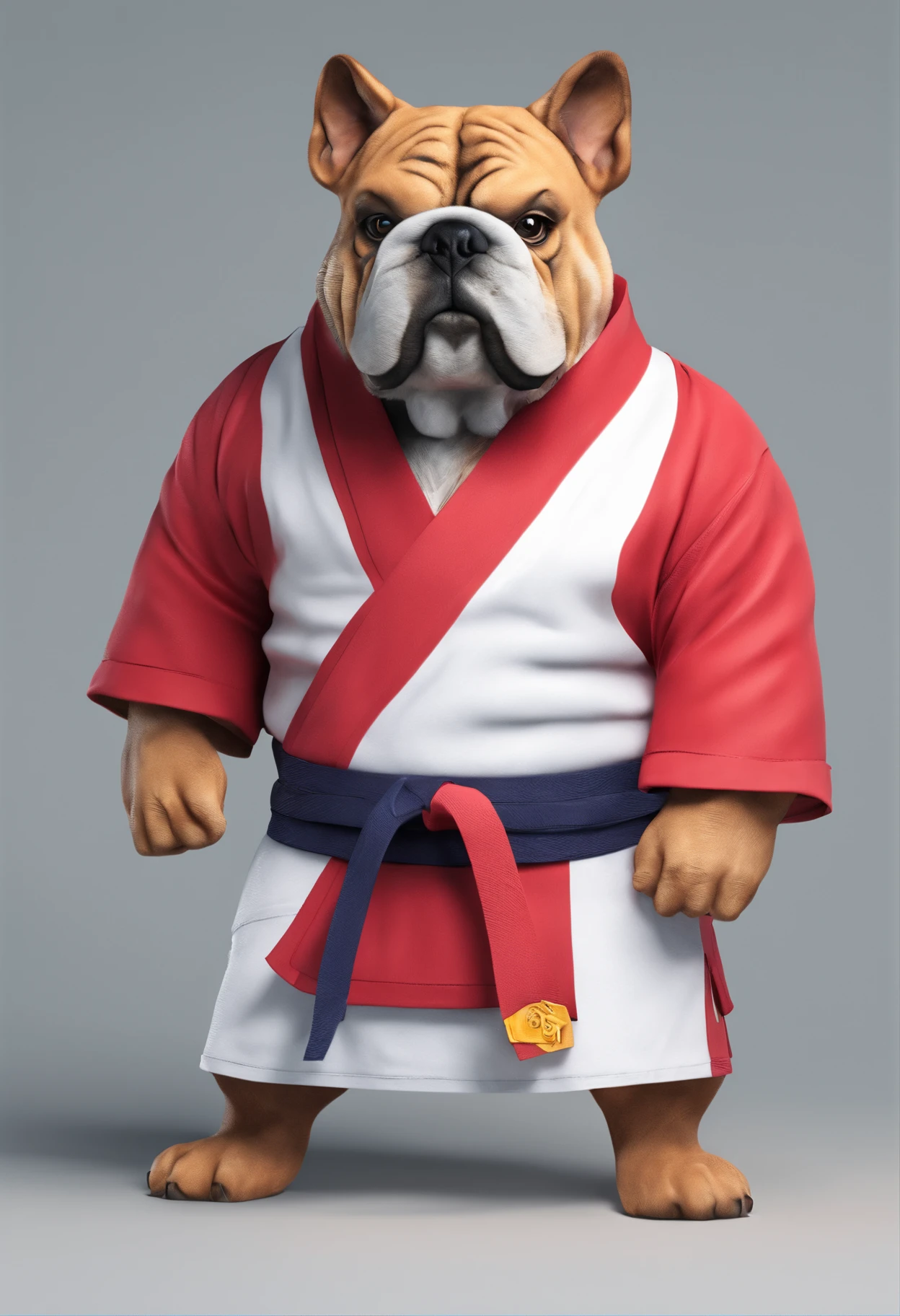 best quality, masterpiece, photorealistic, extremely detailed CG unity 8k wallpaper, Bulldog wearing a judo kimono