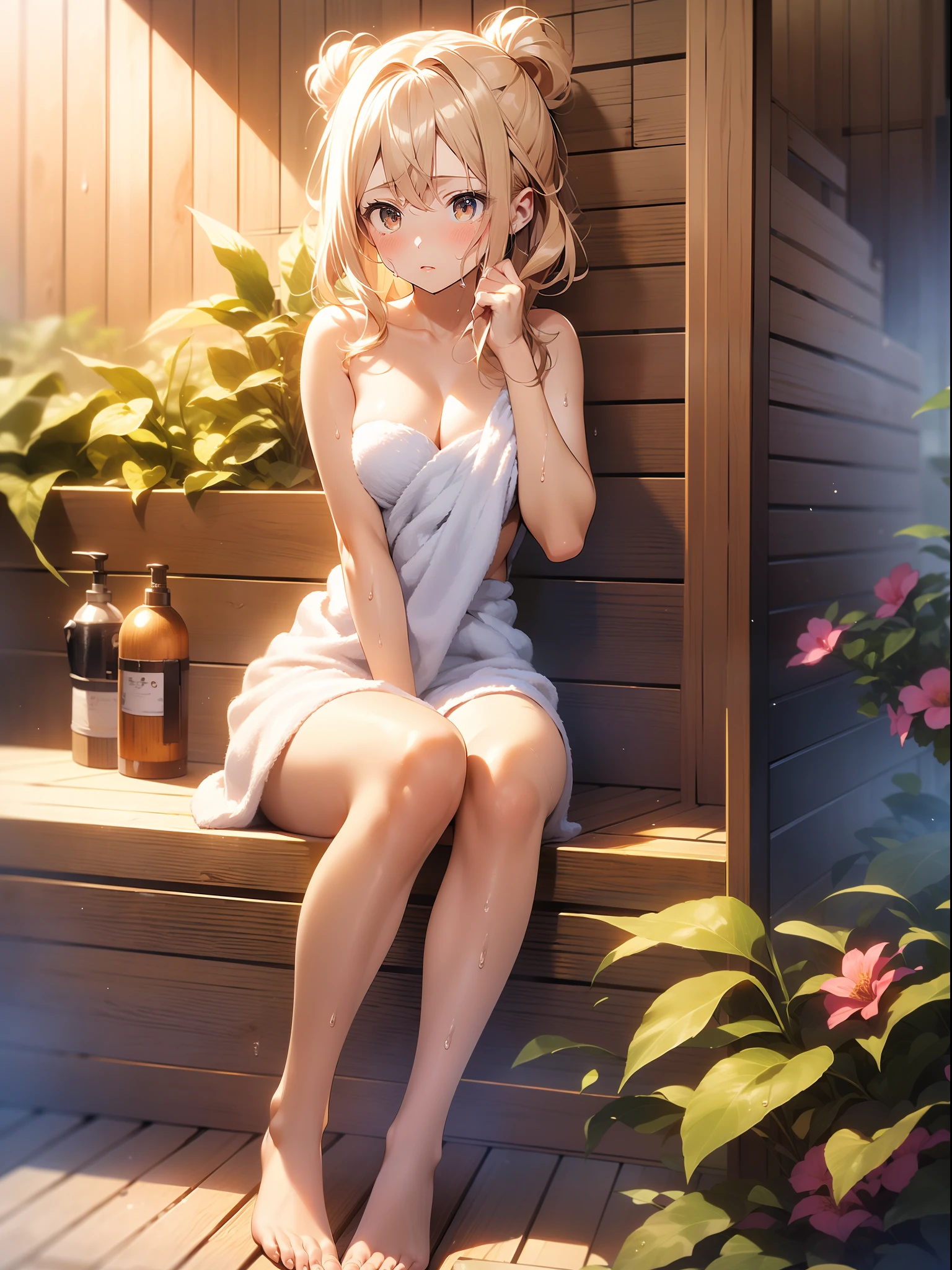 in 8K、top-quality、masterpiece、ultra-detailliert、Ultra-high resolution、((1 persons))、girl with、a blond、Twin-tailed、Medium chest、(((sauna)))、wetting hair、wetted skin、Red face、Wrap a bath towel around your body、hiding chest with hands、((steams))、Sit with your knees