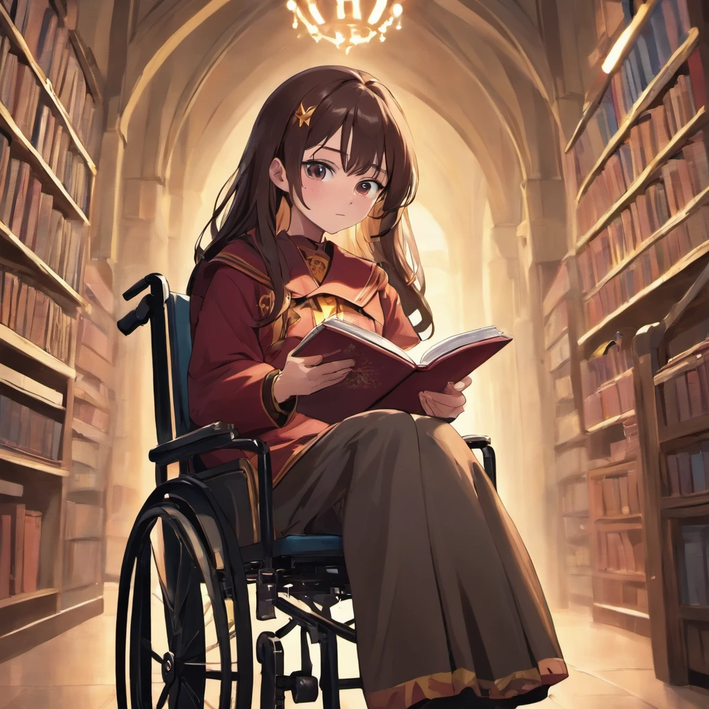 A wheelchair woman with long dark brown hair reading a book dressed in Gryffindor uniform style, de Harry potter, ::Pixar style cartoon with the title Carol