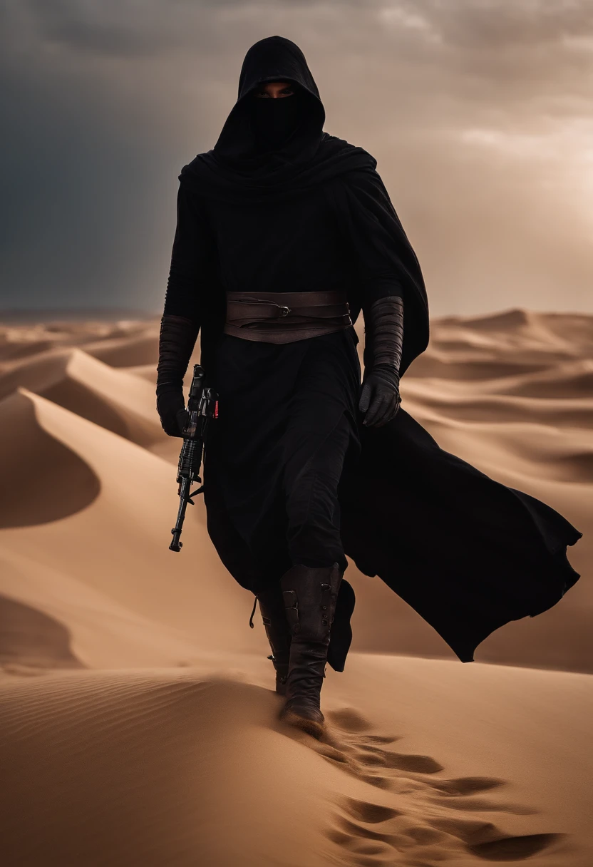 masterpiece, best quality, 1boy, solo, black mask, hood, black robe, black combat boots, male focus, outdoors, dune, sand, sandstorm, desert background