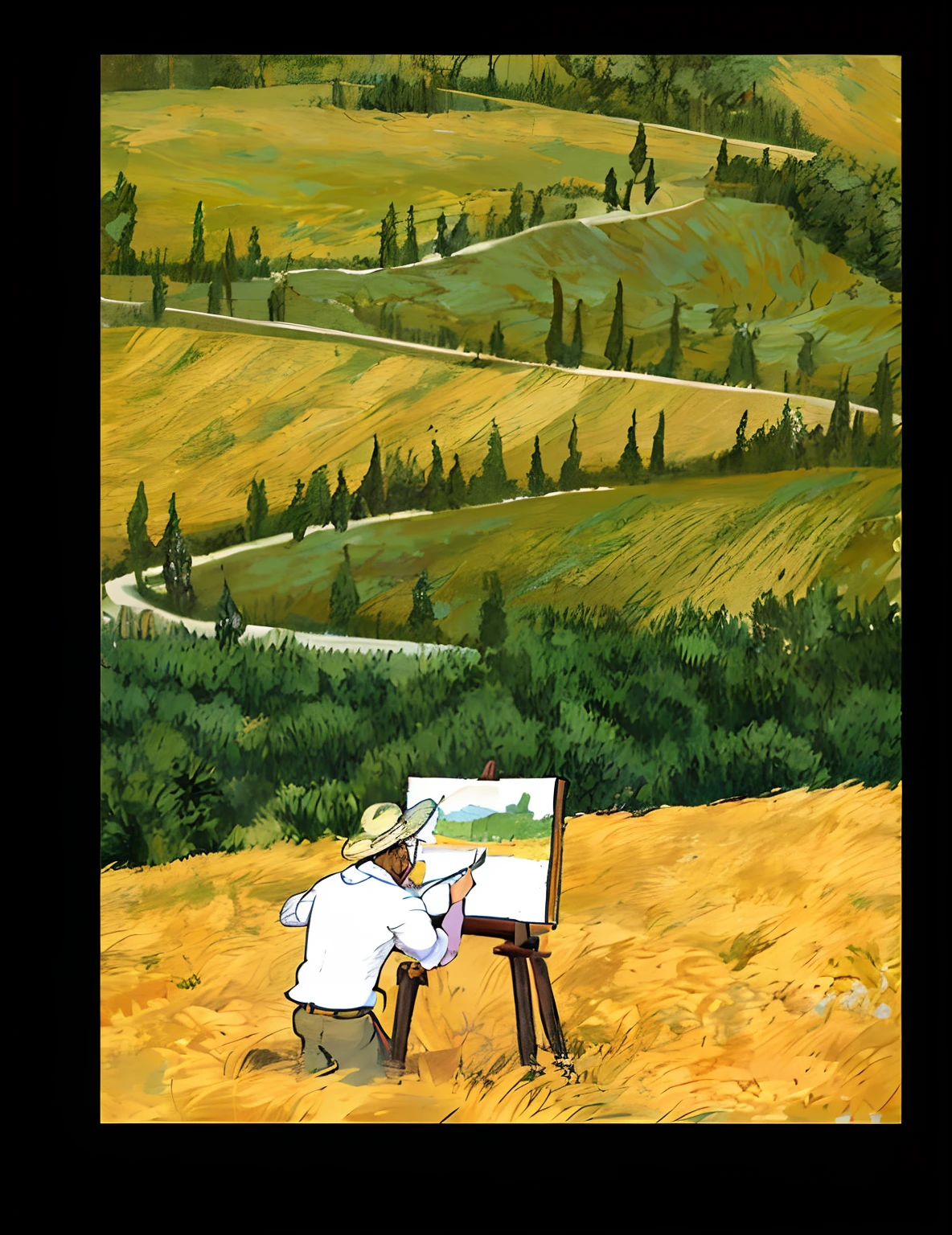 painting of a man painting a landscape with a easel in a field, in style of van gogh, van gogh style, van gogh art style, cypresses and hills, by Enrico Baj, by Giocondo Albertolli, by David G. Sorensen, by Francesco Cozza, the artist, vincent van gogh style