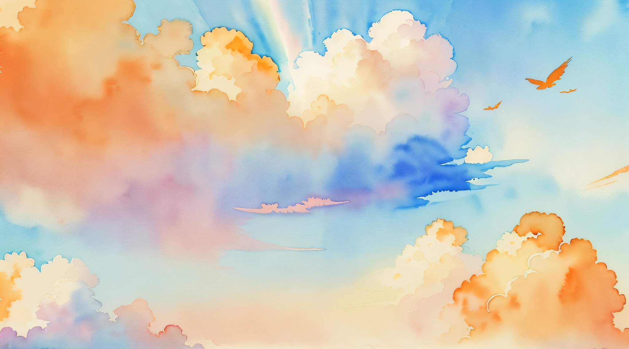 (Watercolor touch:1.4), ((Orange and emerald green color scheme:1,3)) ,(Sun and sky:1.1)Chinese style painting, （The absence of humans and animals）、((light toned:1.3))(Orange daytime sky:1.4)、Blue sky at noon、fluffly, (Gradient color:1.4)、（Pale color:1.3）Iridescent sky、 ((top-quality)), ((tmasterpiece)), ( extreme hight detail, highestdetailed, offcial art, aestheticly pleasing:1.2), depth of fields, Beautiful bright sky style scene。Wallpaper 4k,Anime art wallpaper 8k, Amazing wallpapers, ,luminous sky heaven background, The colors of heaven, Background sky, Light gradient,soft sky, Colorful sky, ((pastel faded effect)), Ethereal background, sky gradient, pastel rainbow, Kingdom of Heaven background, Dreamy colors, dreamy sky, airy colors, Colorful sky, Mysterious clouds,