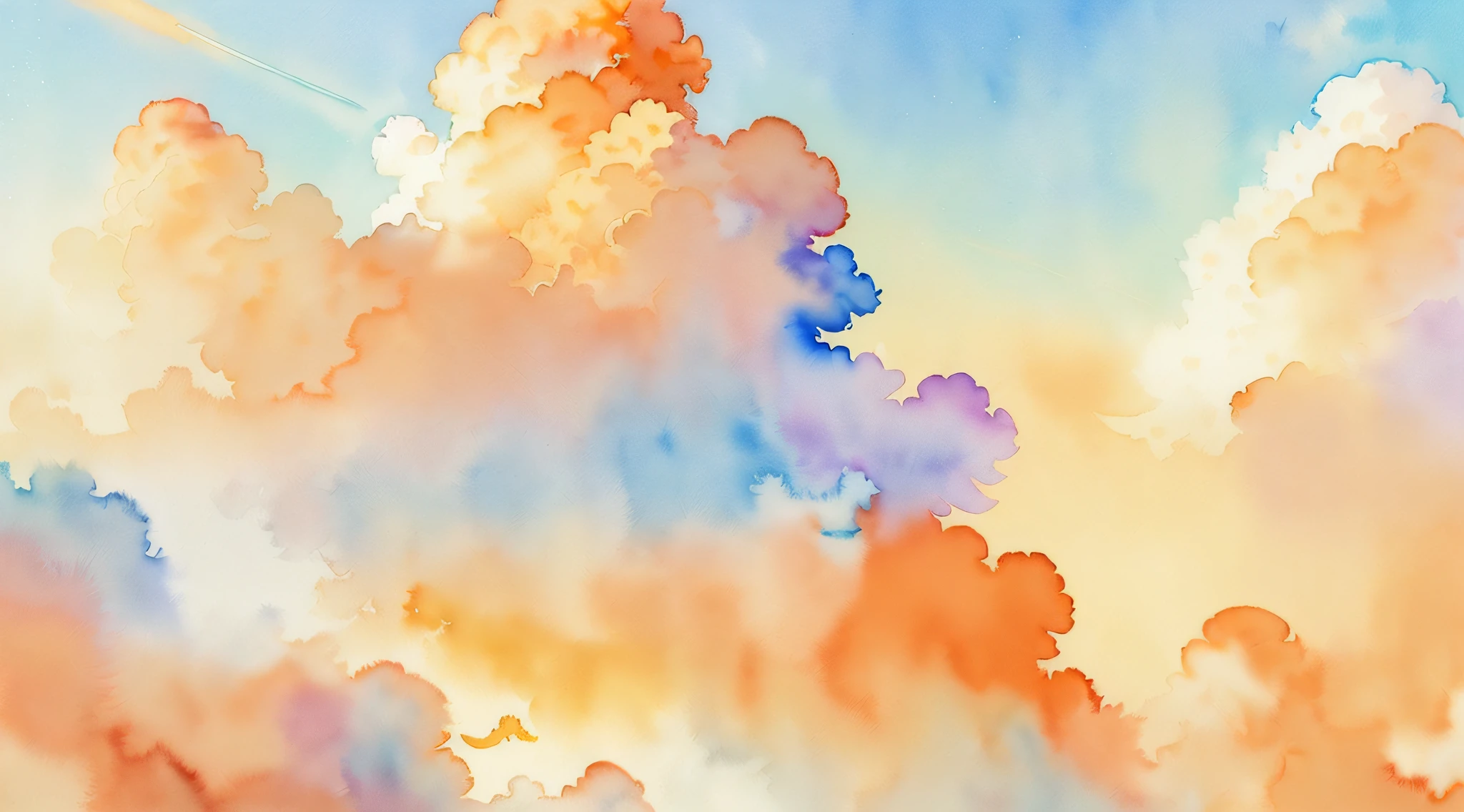 (Watercolor touch:1.4), ((Orange and emerald green color scheme:1,3)) ,(Sun and sky:1.1)Chinese style painting, (The absence of humans and animals)、((light toned:1.3))(Orange daytime sky:1.4)、Blue sky at noon、fluffly, (Gradient color:1.4)、(Pale color:1.3)Iridescent sky、 ((top-quality)), ((tmasterpiece)), ( extreme hight detail, highestdetailed, offcial art, aestheticly pleasing:1.2), depth of fields, Beautiful bright sky style scene。Wallpaper 4k,Anime art wallpaper 8k, Amazing wallpapers, ,luminous sky heaven background, The colors of heaven, Background sky, Light gradient,soft sky, Colorful sky, ((pastel faded effect)), Ethereal background, sky gradient, pastel rainbow, Kingdom of Heaven background, Dreamy colors, dreamy sky, airy colors, Colorful sky, Mysterious clouds,