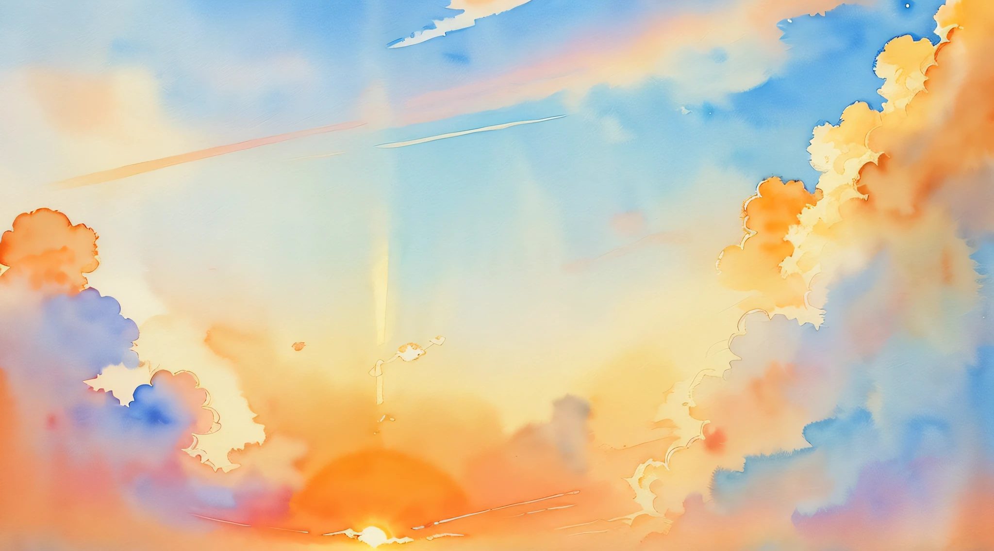 (Watercolor touch:1.4), ((Orange and emerald green color scheme:1,3)) ,(Sun and sky:1.1)Chinese style painting, （The absence of humans and animals）、((light toned:1.3))(Orange daytime sky:1.4)、Blue sky at noon、fluffly, (Gradient color:1.4)、（Pale color:1.3）Iridescent sky、 ((top-quality)), ((tmasterpiece)), ( extreme hight detail, highestdetailed, offcial art, aestheticly pleasing:1.2), depth of fields, Beautiful bright sky style scene。Wallpaper 4k,Anime art wallpaper 8k, Amazing wallpapers, ,luminous sky heaven background, The colors of heaven, Background sky, Light gradient,soft sky, Colorful sky, ((pastel faded effect)), Ethereal background, sky gradient, pastel rainbow, Kingdom of Heaven background, Dreamy colors, dreamy sky, airy colors, Colorful sky, Mysterious clouds,