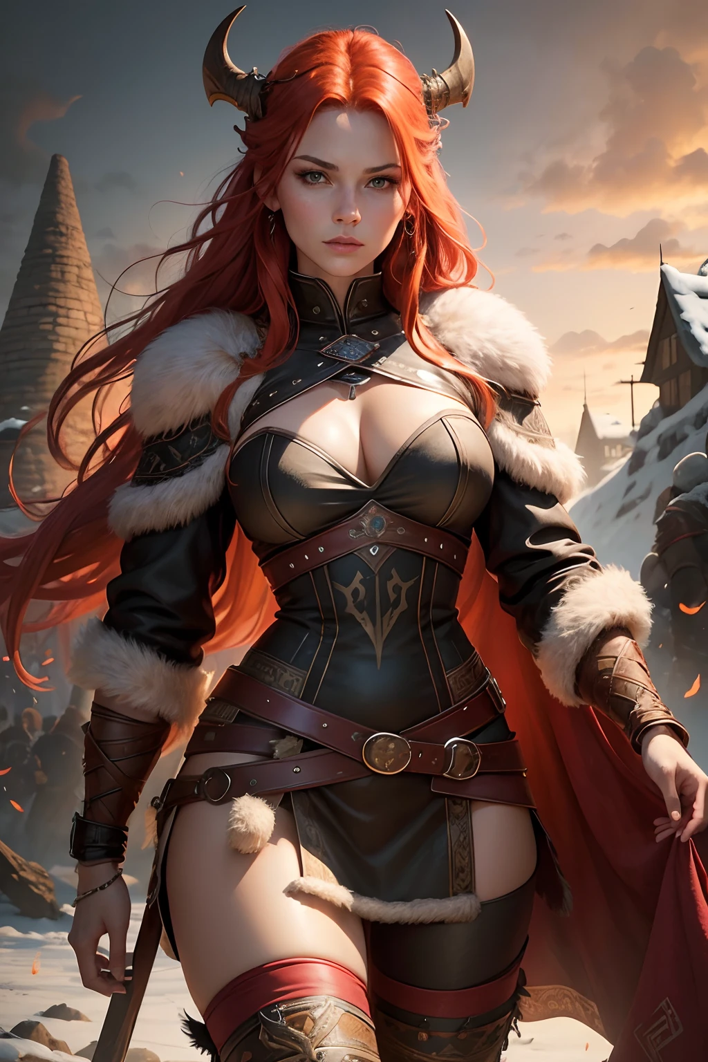 A Viking woman with beautiful red hair and mesmerizing green eyes stands as the main subject of the artwork. She exudes strength and confidence, with a fierce expression on her face that is adorned with warpaint. Her facial features are detailed and captivating, especially her beautiful eyes and lips. The red hair cascades down her shoulders, adding a touch of fiery energy to the overall composition.
The woman wears a luxurious fur coat, highlighting her noble status and providing warmth in the cold Viking climate. The fur is rendered with ultra-detailed precision, capturing the intricate texture and depth. Leather straps accentuate her muscular physique, showcasing her prowess in battle. She wears fur boots, protecting her feet as she traverses the rugged terrain.
The Viking woman's outfit is carefully crafted and full of intricate details. It features a combination of leather and fur, adorned with elaborately designed patterns and symbols that pay homage to her Viking heritage. The pants fit snugly, emphasizing her toned legs and adding a touch of modern aesthetics to the traditional attire.
The artwork is of the highest quality, showcasing the artist's mastery of their craft. Every stroke and detail is meticulously rendered, bringing the Viking woman and her surroundings to life. The colors are vivid and rich, with a realistic and photorealistic quality that enhances the overall visual impact.
The artwork embraces a dramatic and captivating art style, blending elements of realism with a touch of fantasy. The contrast between light and shadow plays a vital role in highlighting the woman's features and creating a dynamic composition. The lighting is meticulously crafted with studio lighting techniques, adding depth and dimension to the artwork.
The overall color palette is dominated by earthy tones, with hints of warm oranges and reds complementing the natural surroundings. The colors evoke a sense of power, bravery, and wildness, perfectly capturing the spiri