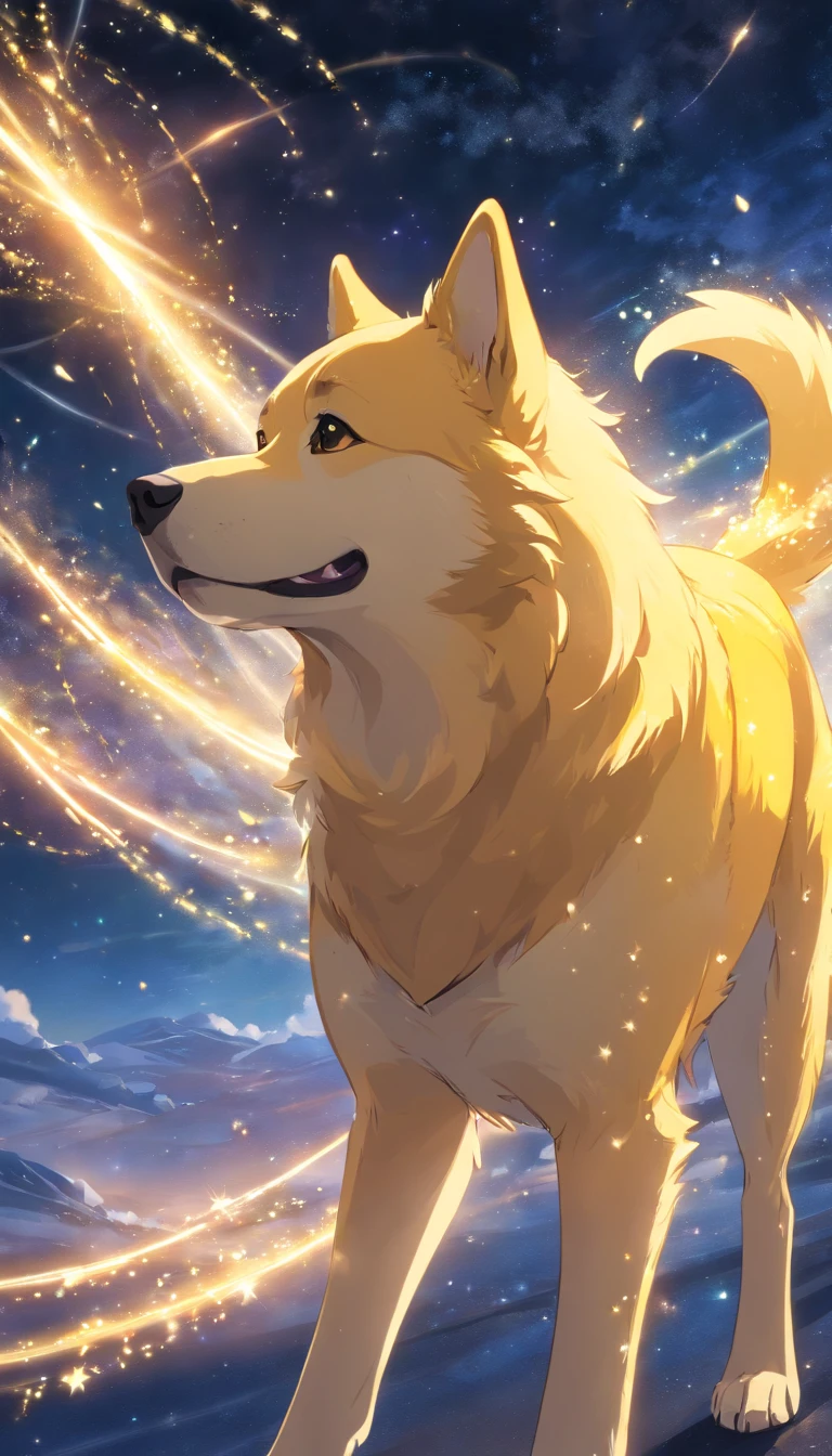 [(best quality,8k),(Yellow dog:1.2),(particuls),(deitado),(galaxy),(Particles around the body)]