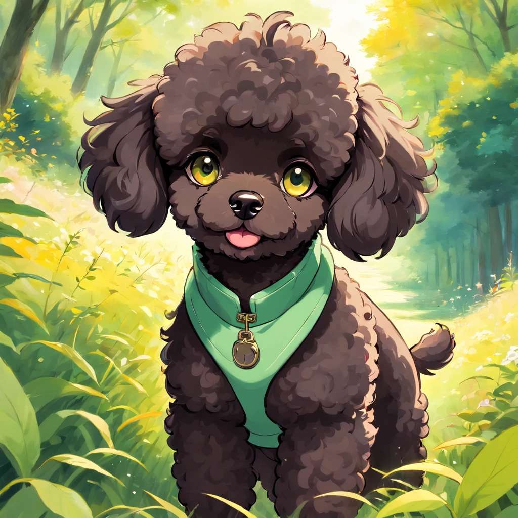 (masterpiece), best quality, expressive dark black eyes, perfect face, black chocolate colored toy poodle, fluffy slightly overgrown fur, tufts of white graying fur on chin, slender a and elegant dog, stunning fluffy strokes of fur, wearing green fleece vest, autumn green landscape background