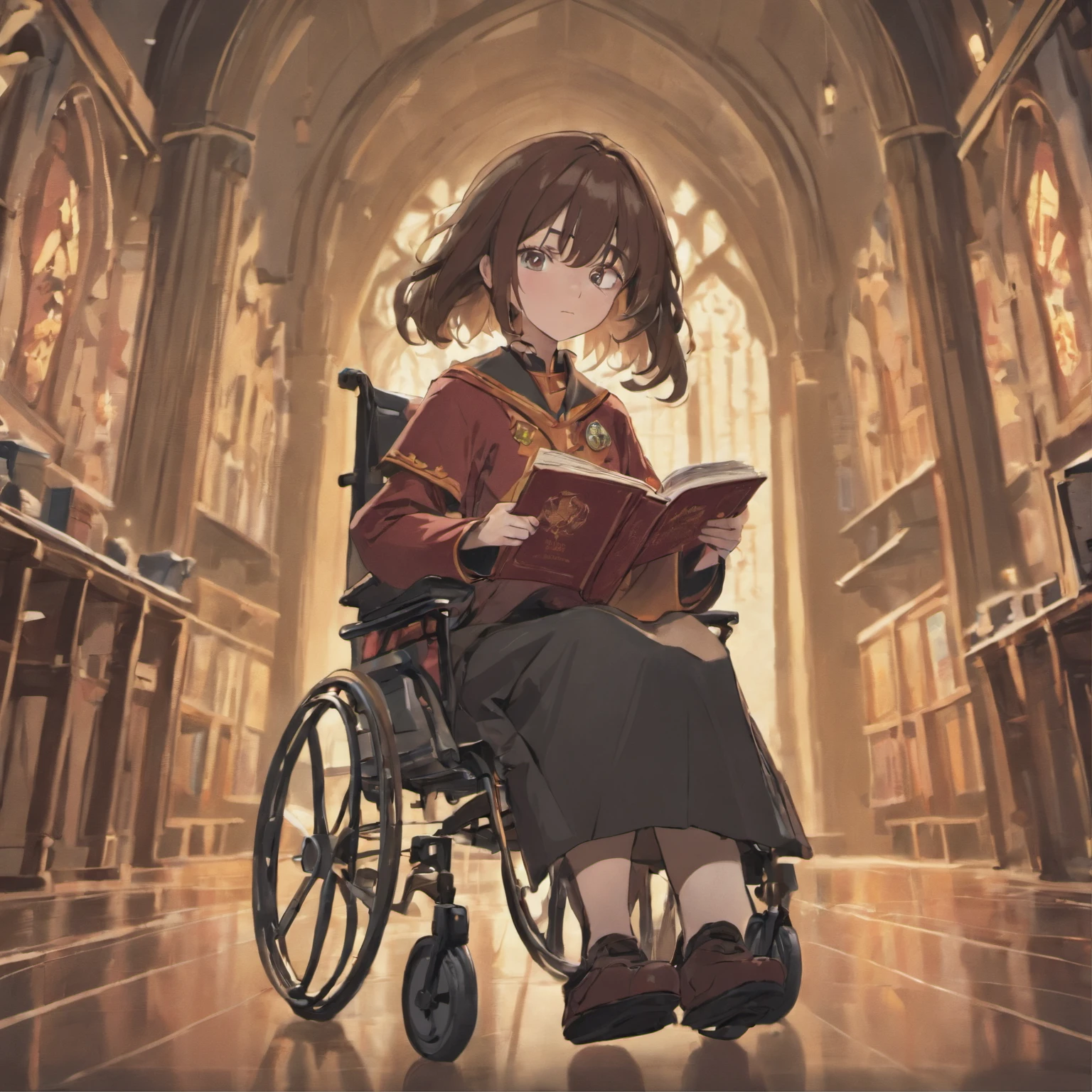A wheelchair woman with long dark brown hair reading a book dressed in Gryffindor uniform style, de Harry potter, ::Pixar style cartoon with the title Carol