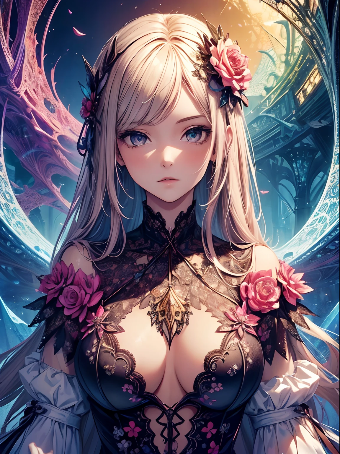 (masterpiece, top quality, best quality, official art, beautiful and aesthetic:1.2), (1girl), extreme detailed,(fractal art:1.3),colorful,highest detailed,upper body, [lace],[jewelry],[flower],[[butterfly]],