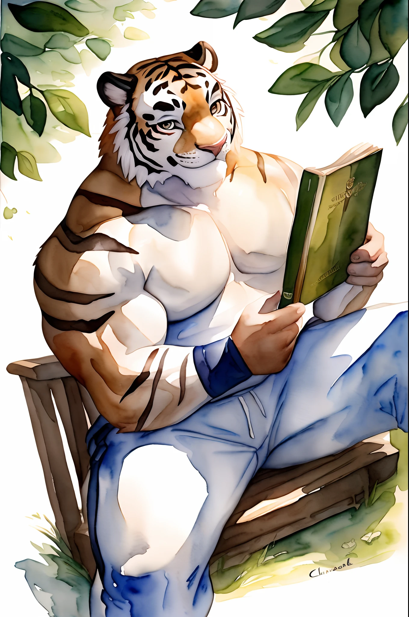 Hominidae, Pose for Camera. 4K, high resolution, Best quality, posted on e621, (Solo:1.2), Anthropomorphic white tiger, male people,  old, Thick eyebrows, White fur, Strong body, large pecs, ((Shirtless)), Small raised, Pink milk clusters, Leaning against a large tree, Holding a book, grassy fields, Dappled light and shadow, (sport, Muscular, Heavyweight:1.2), ((Sit in the shade)), Solo, Correct anatomy, (White background, Watercolor background:1.1), (by Chunie, author：Taran Fidler:0.8), (Detailed eyes:1.2), Sexy, (cel-shaded:1.2), cartoon shading, (aquarelle:1.2), Smile, Be red in the face, (view the viewer:1.2), Bright eyes, Front view