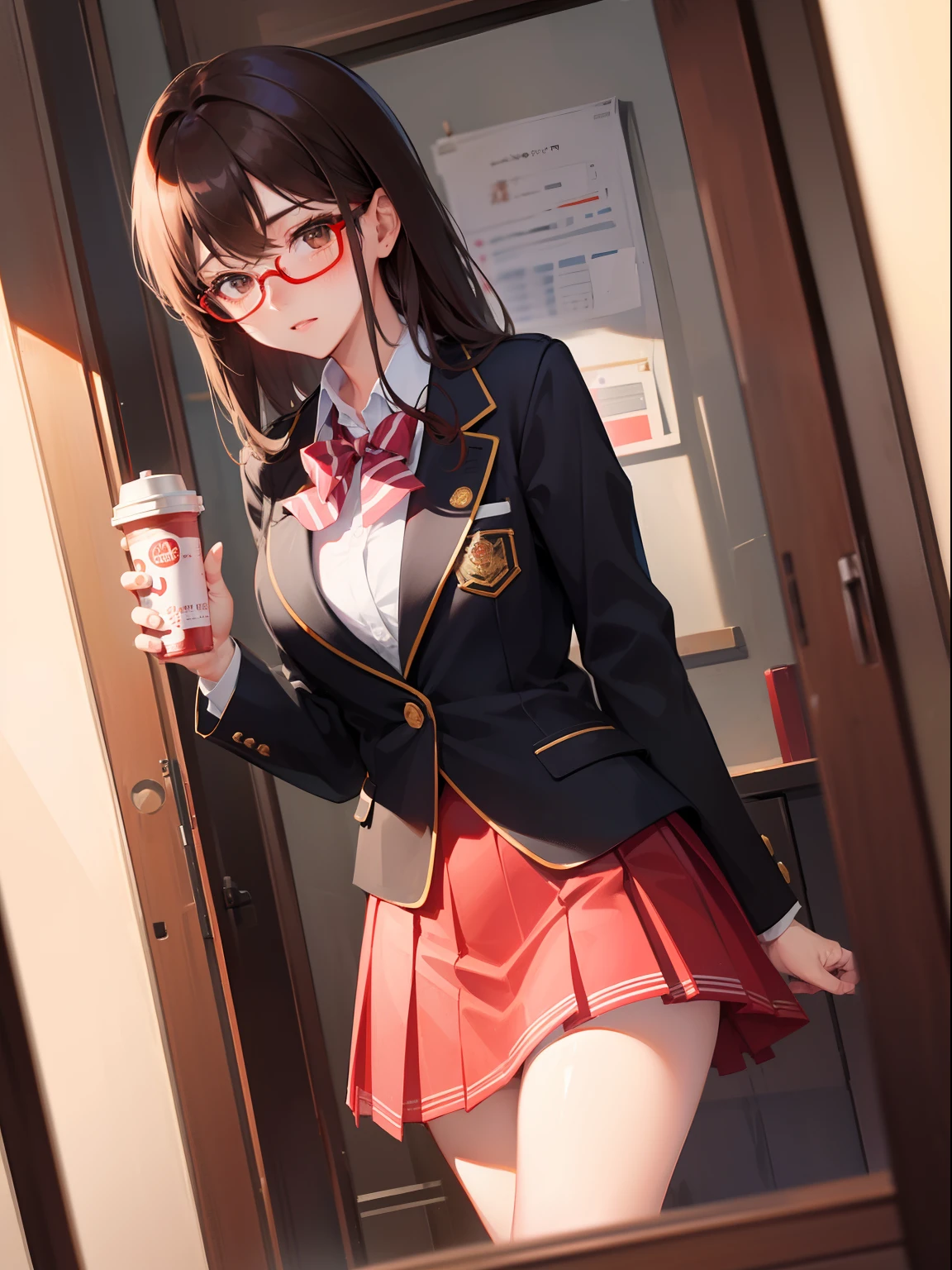 1人の女性、brown haired(Curta)、Brown eyes、Red-rimmed glasses、 Best Quality、ultra-detailliert、8K resolution、Raw photo、Attractive、gorgeous faces、Schools、Blazer Uniform、18year old