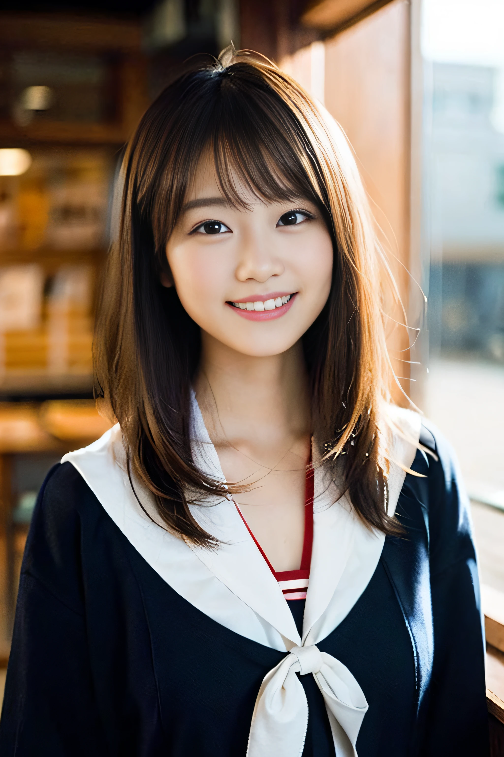 (8K、Raw photography、top-quality、masterpiece:1.2)、(realisitic、Photorealsitic:1.37)、ultra-detailliert、超A high resolution、女の子1人、see the beholder、beautifull detailed face、A smile、Constriction、(Slim waist) :1.3)、Beautiful detailed skin、Skin Texture、Floating hair、Professional Lighting、Whole human body、a blond、japanese hight school uniform、a sailor suit、Twin Hairstyles、E-cup、Happy smile、sixteen years old、Red ribbons、a baby face、Inside the Dinosaur Museum、full body Esbian