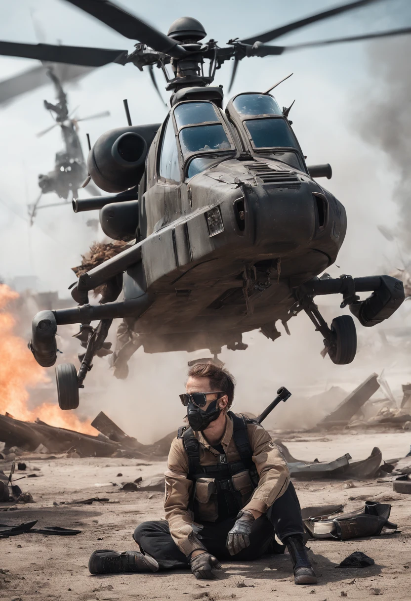Post-apocalyptic battle scene with ((( In the background, a destroyed attack helicopter lies on the ground))), Wasteland, Smoke, debris, Camouflage mesh,  Near-perfection, pure form, intricate detials, 8k post-production, High Resolution, super detaill, Trending on ArtStation, sharp-focus, studio photos, intricate detials, Very detailed, by Greg Rutkowsky