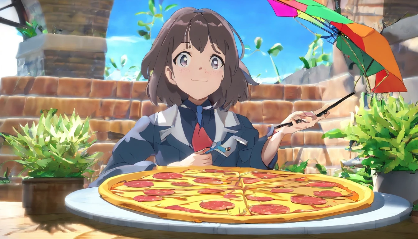 Anime girl with pizza and big umbrella, Boku No Hero Academia Style, anime moe artstyle, ❤🔥🍄🌪, in anime style, By Yowamushi Pedal, Nobutaka Ike, demon slayer rui fanart, anime style character, in anime style, 2 d anime style, anime food, based on Kun Kang