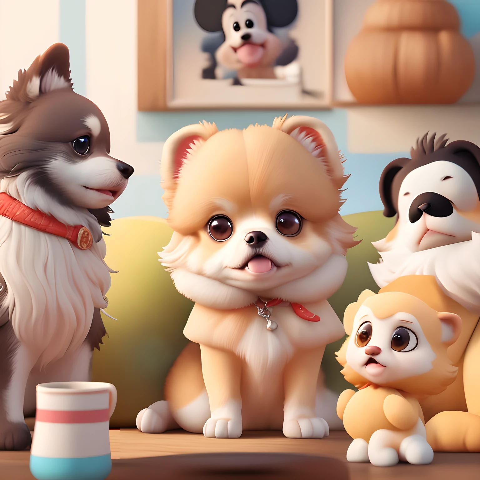 A Disney Pixar-inspired movie poster with the title *BERNARD HERRMAN* featuring *POMERANIAN, baby grey cream sable.* The scene should be set in the distinct digital art style of Pixar, with a focus on character expressions, vibrant colors, and detailed textures that are characteristic of Pixar animation.
