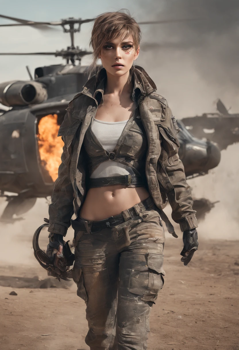 Post-apocalyptic battle scene with (((Helicopter crash)), Wasteland, Smoke, debris, Camouflage mesh, Near-perfection, pure form, intricate detials, 8k post-production, High Resolution, super detaill, Trending on ArtStation, sharp-focus, studio photos, intricate detials, Very detailed, by Greg Rutkowsky