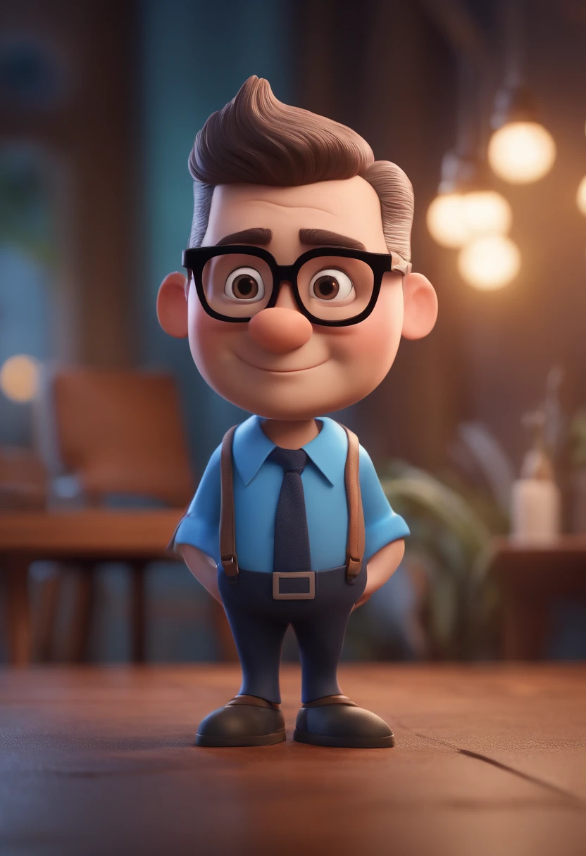 Cartoon character of a man with black glasses and a blue shirt, animation character, Caractere estilizado, animation style rendering, 3D estilizado, Arnold Maya render, 3 d render stylized, toon render keyshot, Personagem 3D, Personagem 3D, 3d rendering stylized, 3 d character render, personagem de desenho animado, Personagem de close up, Pose de personagem,  (Estilo Pixar) (master part:1.2) (Bokeh) (best quality) (pele detalhada) (textura detalhada) (8k) (argila) (Cinematic lighting) (foco nítido
