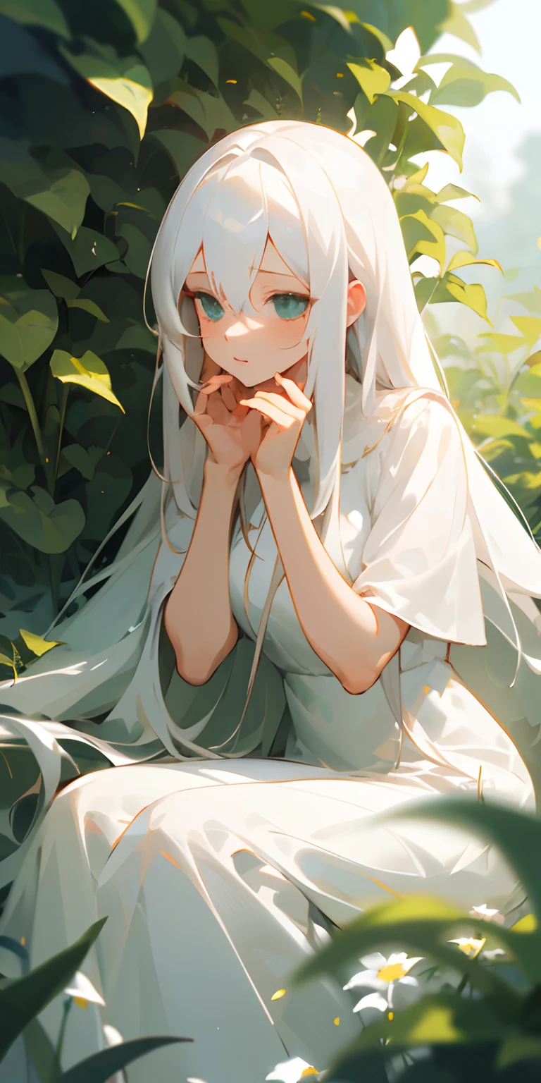 (masterpiece, best quality),1girl with long white hair sitting in a field of green plants and flowers, her hand under her chin, warm lighting, white dress, blurry foreground