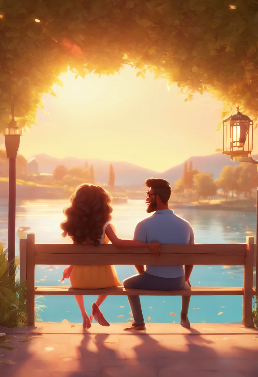 An illustration of an adorable couple in a park with a lake in the background, Highlight for a mulatto man with a serious beard and a woman with beautiful expressive eyes - the man's skin is mulatto and the man's hair is slightly curled, The woman's skin is white and the woman's hair is wavy red. They are a bright room, cada um com um sorriso no rosto, e compartilhar um momento especial caracterizado pelo amor, Insights. Illustrate this scene from a perspective where they are facing the camera, Smiling and Showing Your Connection. Desenvolva esta arte em Full HD, Focus on your cinematic touch, Estilo Disney Pixar Animations