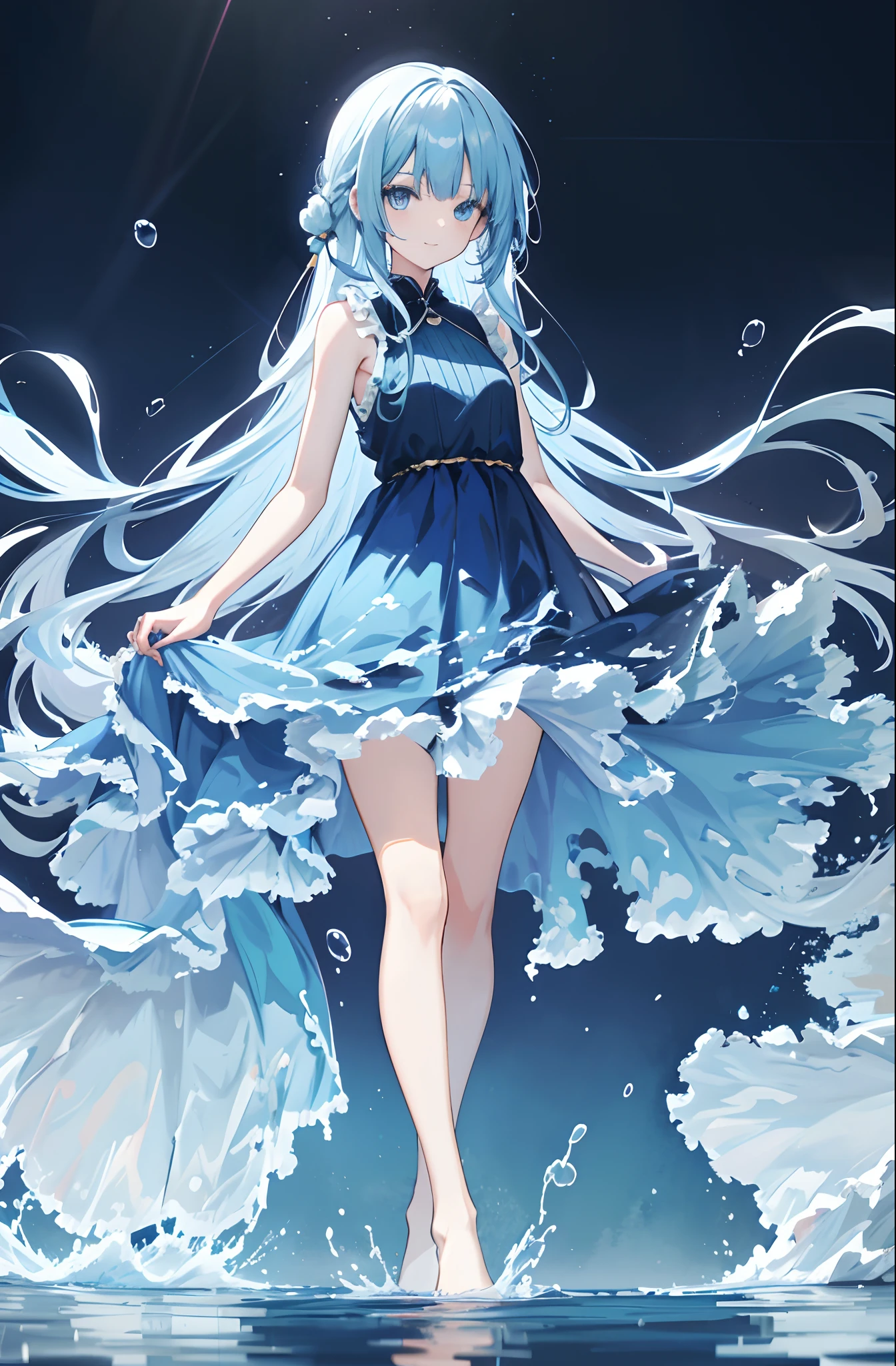 liquid clothes, 1girll, 独奏, Long whit hair, shift dresses, bare-legged, Blue hair, e Blue Eyes, 云, Very long hair, Long Blue Dress, Liquid skirt,standing on your feet, sleeveless, looking at viewert, ssmile,Stood in the water,The skirt extends to the ankles、Detailed eyes