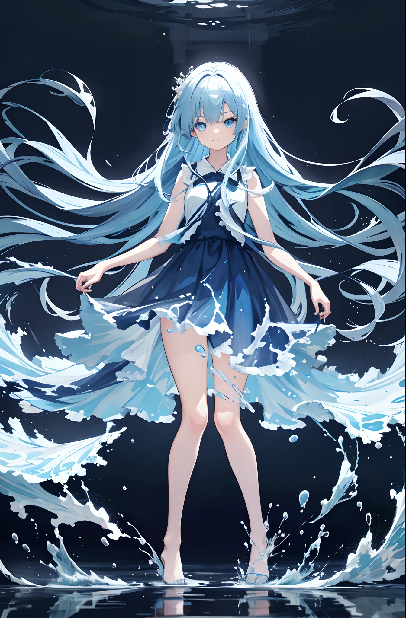 liquid clothes, 1girll, 独奏, Long whit hair, shift dresses, bare-legged, Blue hair, e Blue Eyes, 云, Very long hair, Long Blue Dress, Liquid skirt,standing on your feet, sleeveless, looking at viewert, ssmile,Stood in the water,The skirt extends to the ankles、Detailed eyes