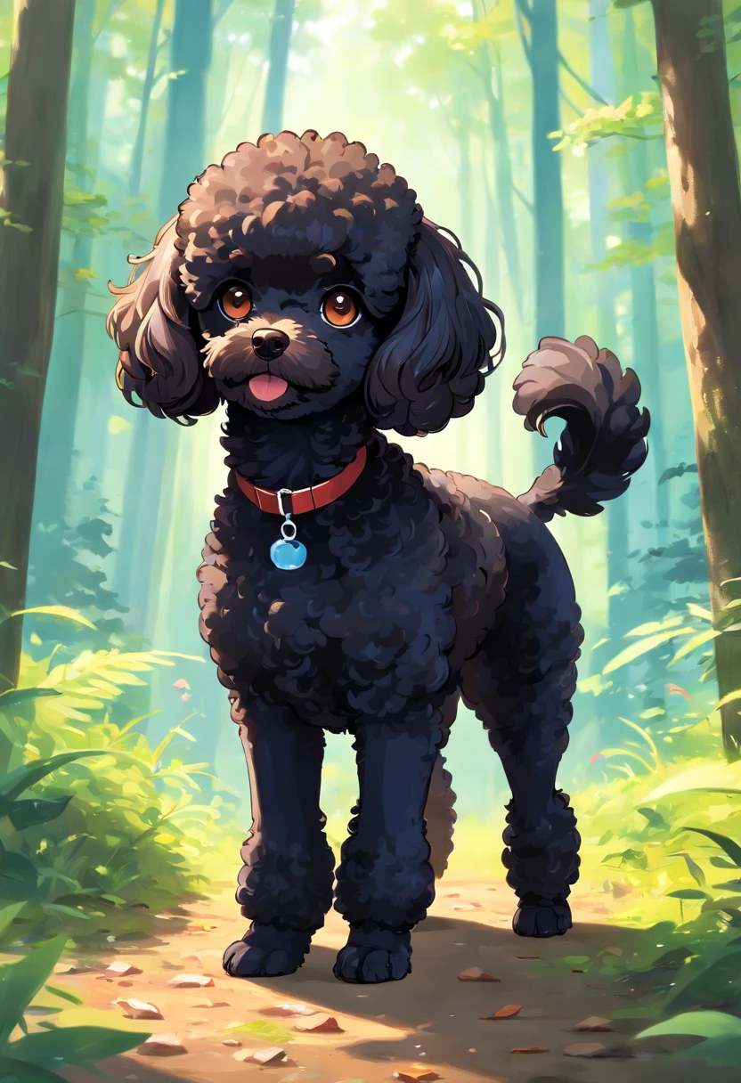 A small black and brown toy poodle, slender and graceful, fluffy fur, lamiendose la pata sentado en ultra deficion y ultra alta resolucion en el bosque