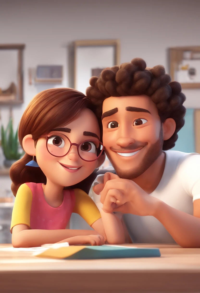 An illustration of an adorable couple, Highlighting a white man and a black woman with beautiful expressive eyes – the man's skin is white and the man's hair is straight and black, while the woman's skin is black and the woman's hair is straight and brown. They are a bright room, cada um com um sorriso no rosto, e compartilhar um momento especial caracterizado pelo amor, Insights. Illustrate this scene from a perspective where they are facing the camera, Smiling and Showing Your Connection. Desenvolva esta arte em Full HD, Focus on your cinematic touch, Estilo Disney Pixar Animations