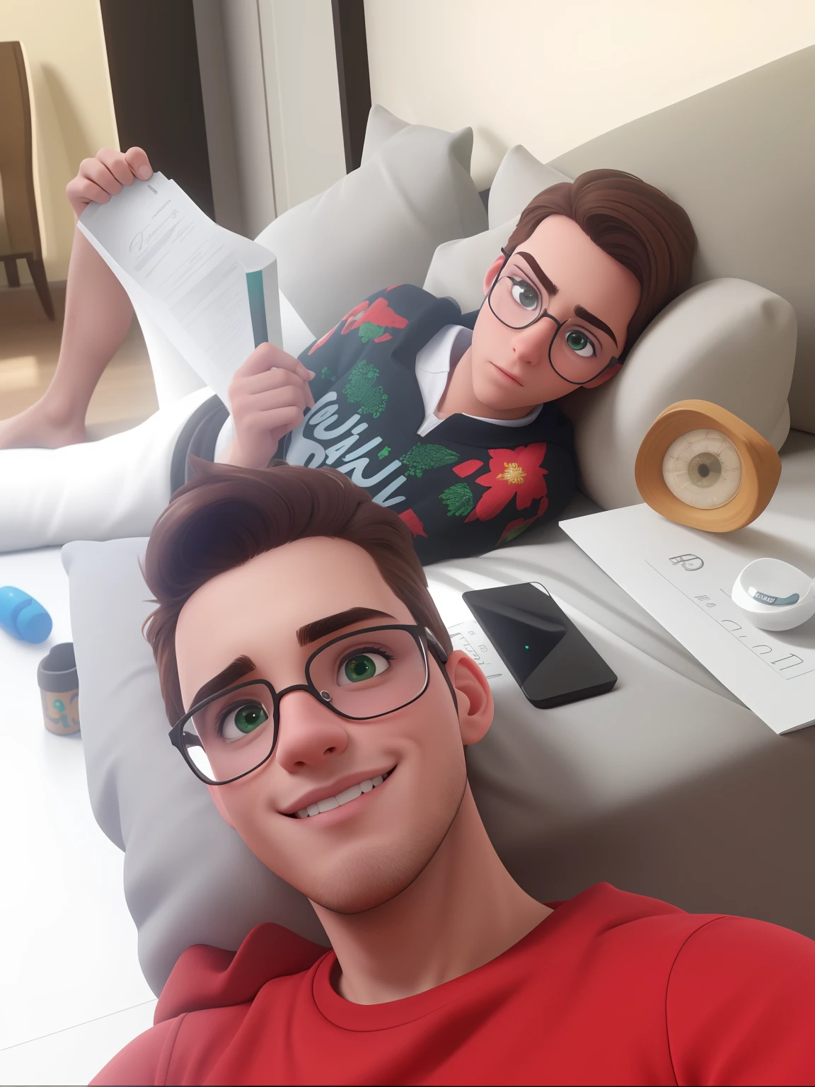 Criar estilo pixar disney (best quality,4k,8k,Altas,master part:1.2),ultra-detalhado,Realistic,Studious young man with messy light brown hair, cara bonita, forma quadrada do rosto, cabelos e olhos verdes, vestindo uma gola alta branca, Black Thin Frame Glasses.