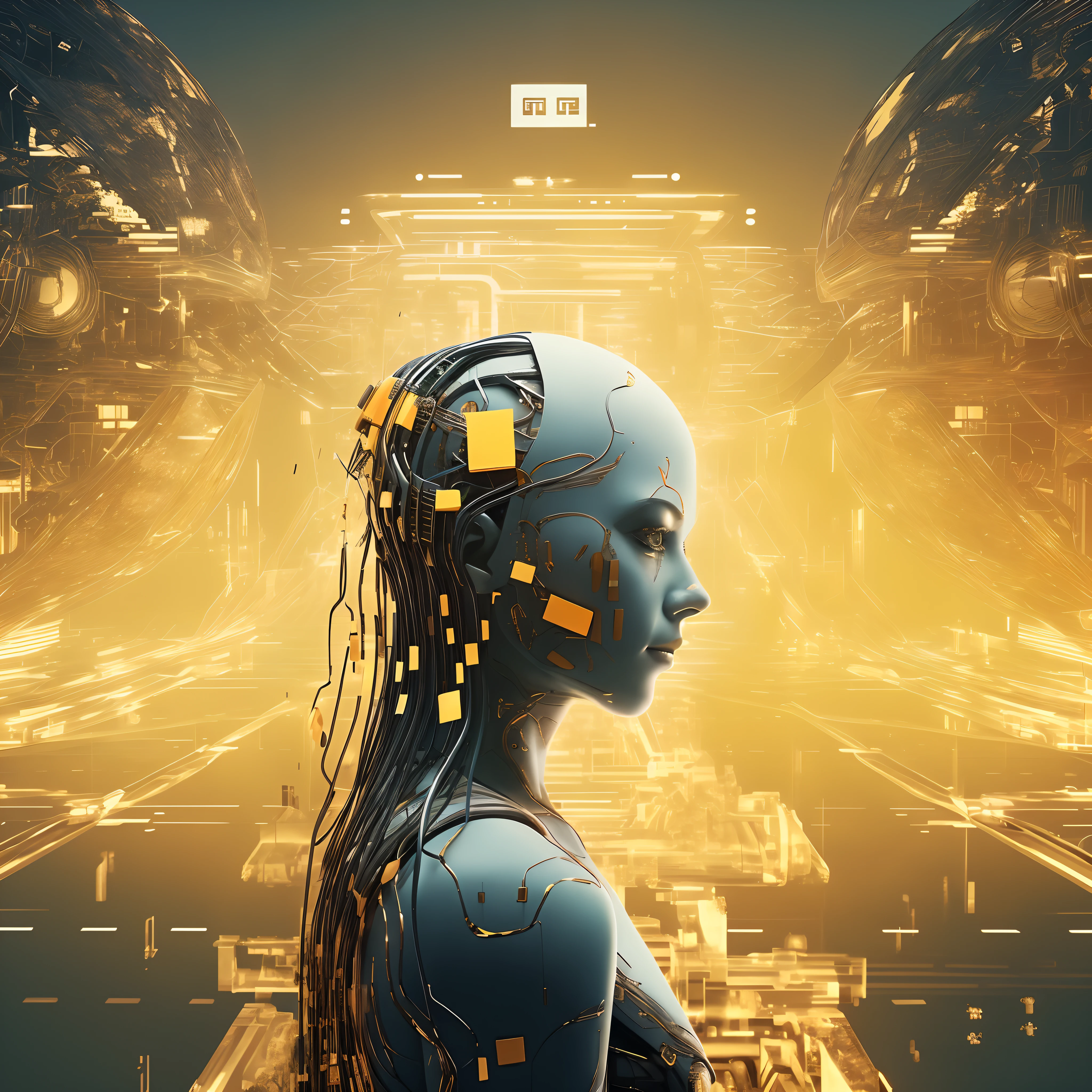 There is a woman with headphones in a futuristic city, portrait of female android, an image of a beautiful cyborg, the coming ai singularity, portrait of female android, strong artificial intelligence, intricate transhuman, beautiful android woman, portrait of a futuristic robot, beautiful female android, portrait of female humanoid, artificial intelligence princess, beautiful cyborg woman, belle fille cyborg