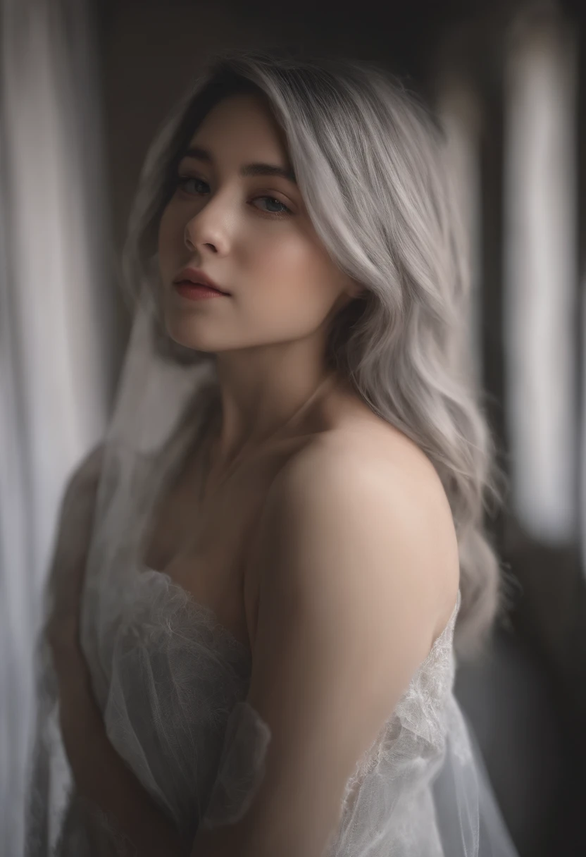 la mejor calidad, ultrahigh resolution (fotorrealista: 1,4), 1人の女の子, sin ropa (pezones rosas,) (faded ash gray hair: 1), (pechos enormes: 1,2), mirando al espectador, primer plano