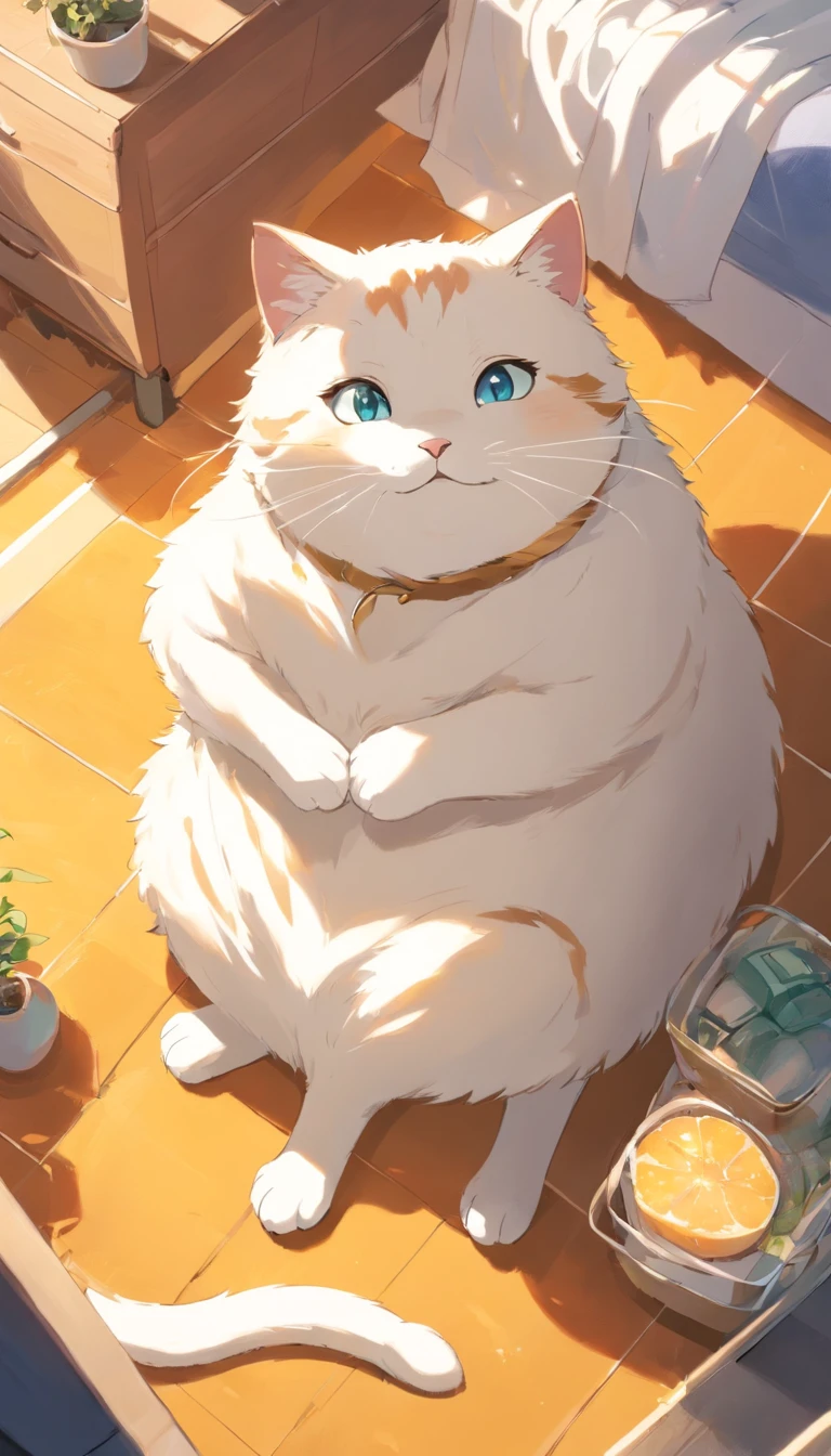 1 cat of white color、Fat figure、IKEA Far、Looking from above、Super at home、Facing the front、Honeycomb smiling expression