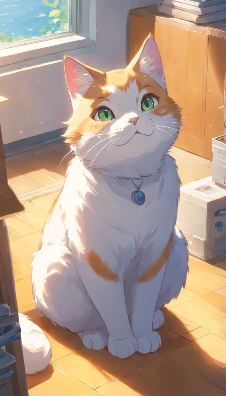 1 cat of white color、Fat figure、IKEA Far、Looking from above、Super at home、Facing the front、Honeycomb smiling expression