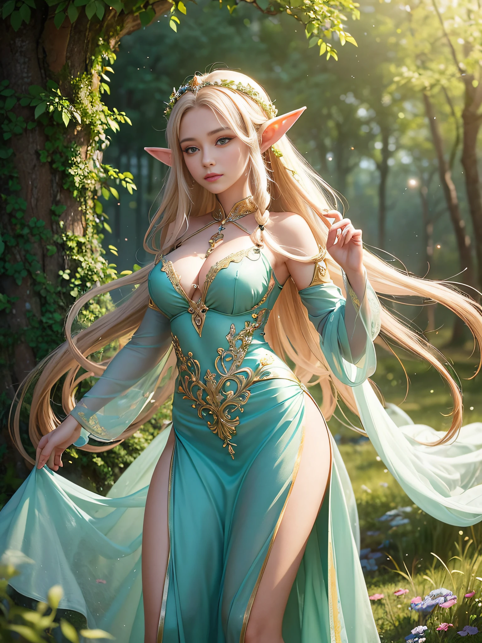 A graceful elf girl stands in a meadow, her delicate features illuminated by the soft light of the setting sun. Her long, flowing hair cascades down her back, adorned with intricate braids and adorned with sparkling jewels. This stunning painting captures the ethereal beauty of elves. Her slender figure in a silk dress sways in the soft meadow breeze. The artist's attention to detail is evident in the intricate patterns of her dress and the subtle highlights of her luminescence. skin. This breathtaking depiction of an elf girl exudes a sense of enchantment and transports the viewer to a magical world. The beautiful elf magician is awe-inspiring as she holds a magician's staff, uses fireball magic, and is about to defeat the Demon King with explosion magic., If you pull up your skirt, you can see your see-through panties and it will be embarrassing.