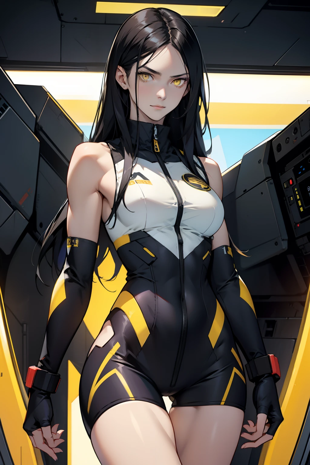 1 girl, black hair, yellow eyes, very long hair, pale skin, fit body, slender body, slim waist, large breasts, (confident expression), pilot suit, thigh gap