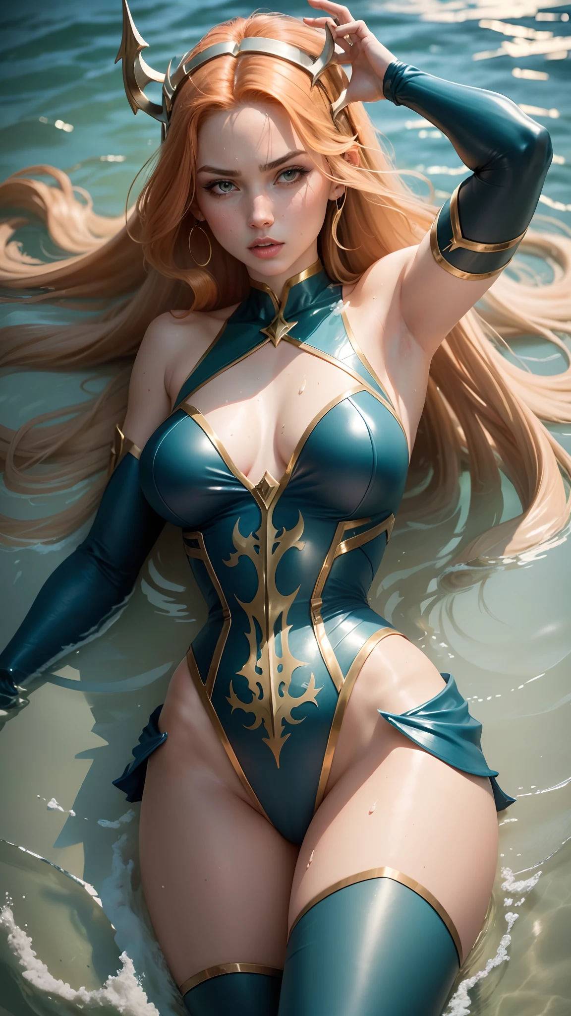 Beutiful women,The body is defined in detail using the Aquaman heroine Mera roleplay, big breasts ,Plain blue tights,blue corset,serious-expression,C cup,drenched all over the body,Particularly thin waist,Particularly thin legs,The legs are thinner,perfect bodies,Deep under the sea surrounded with fishes ,spreads her legs apart,Close-up of the back,Close-up of genitals, model pose,trident in her hand