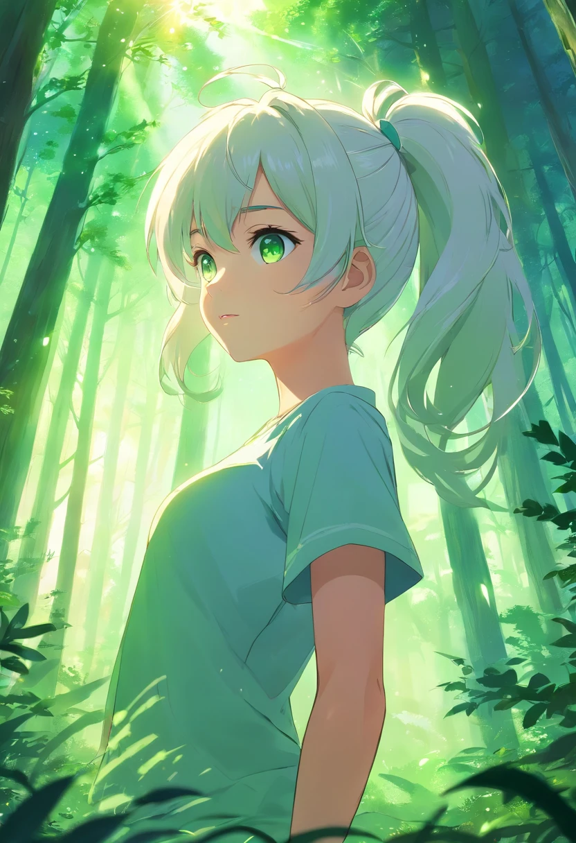 girl, pony tails ,White hair, Green eyes, , landscape, Light particles, Light rays, ln the forest, the original god
