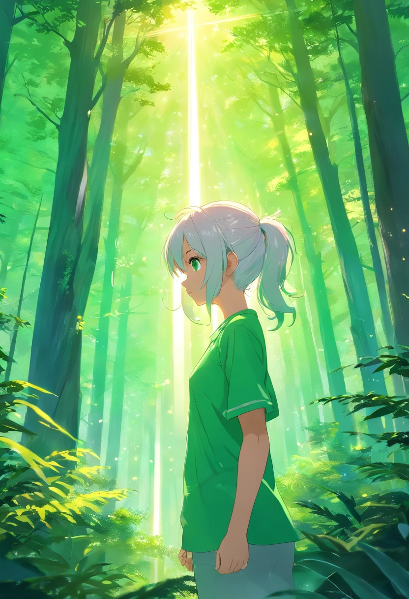 girl, pony tails ,White hair, Green eyes, , landscape, Light particles, Light rays, ln the forest, the original god