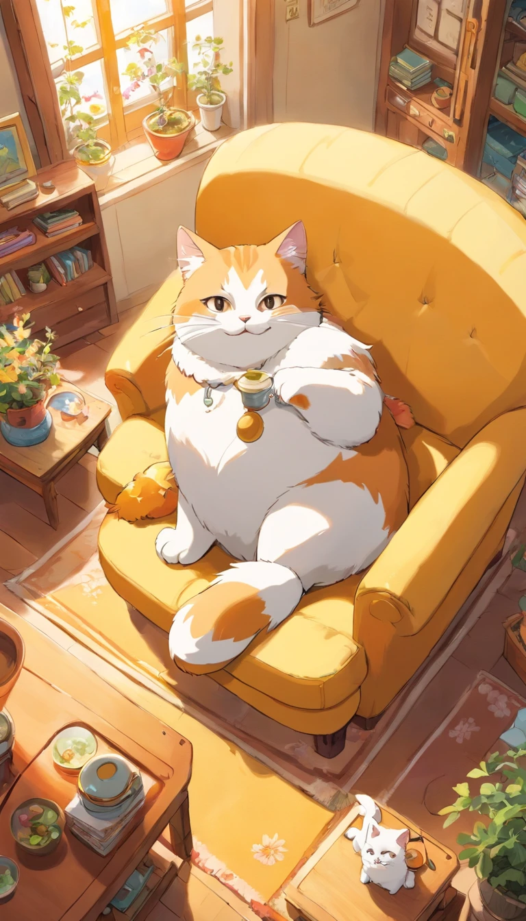 1 cat of white color、Fat figure、IKEA sofa、Looking from above、Super at home、Facing the front、Honeycomb smiling expression
