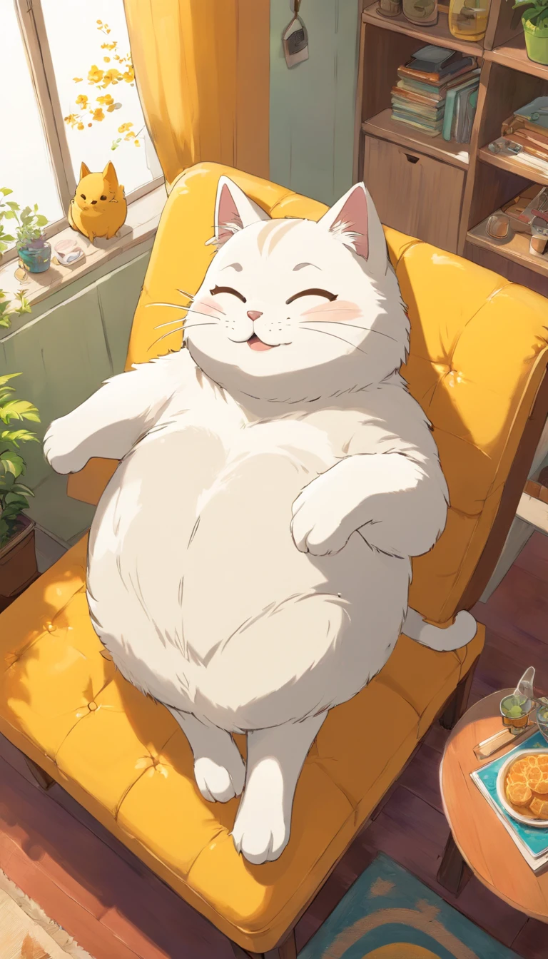 1 cat of white color、Fat figure、IKEA sofa、Looking from above、Super at home、Facing the front、Honeycomb smiling expression