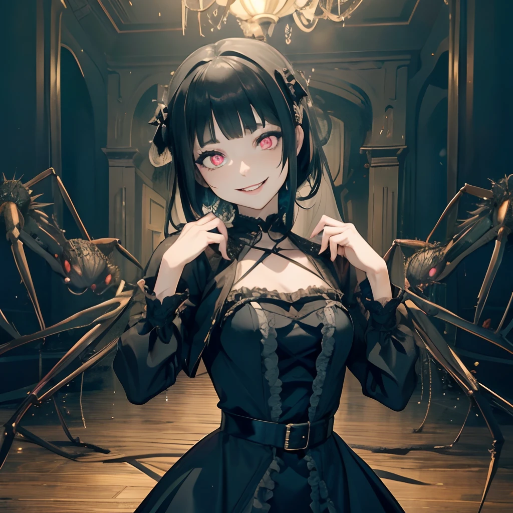 Woman in black dress. She looks like an anime. wearing a frilled dress. Female fused with a spider. Crazy Eye Expression. She grins. Her eyes are shining. Inside a dark mansion. A thread stretches out of her hand. Her skirt becomes one with the floor.