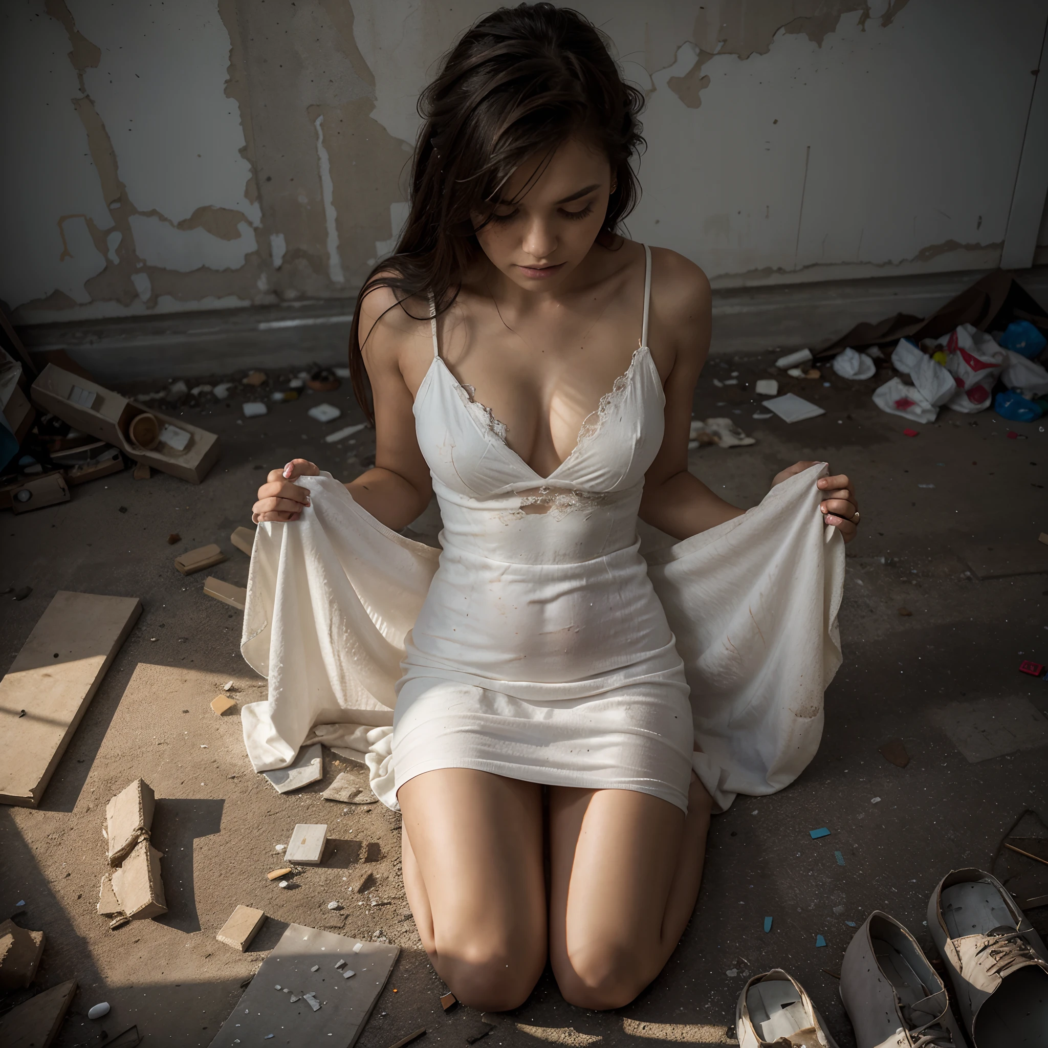 Photo from above of a woman sitting in the fetal position, her long white dress tattered and ripped everywhere from living in the building she does which is full of broken bored and abandoned structure material,a fully dark room with a single light entity which is ring of light from the street light above, maximize details in textures such as hair and skin, realistic details in the concrete below her, trash around her created from her own overactive use of illegal substances and narcotics