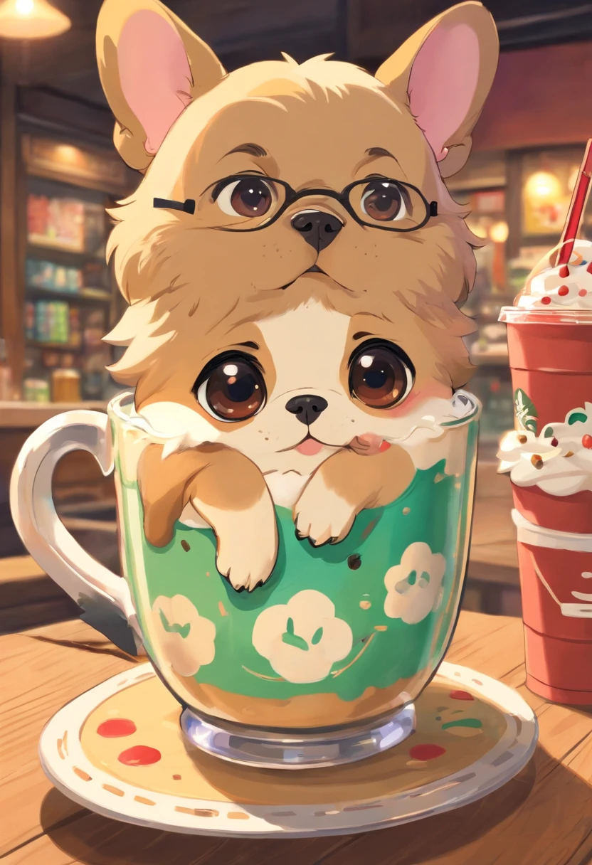 best quality,highres,(realistic:1.37),(vivid colors:1.1),French Bulldog cup in the shape of a cartoon, colorful Starbucks-style Fraappuccino,[French Bulldog logo],[unique],[cartoonish],detailed bulldog face,fancy background,cute expressions,playful atmosphere,creative composition,colored straw and cup lid,chilled drink effect,artistic flair,whimsical elements,cute and funny details,light-hearted vibe,attention to fur and wrinkles,expressive eyes and mouth