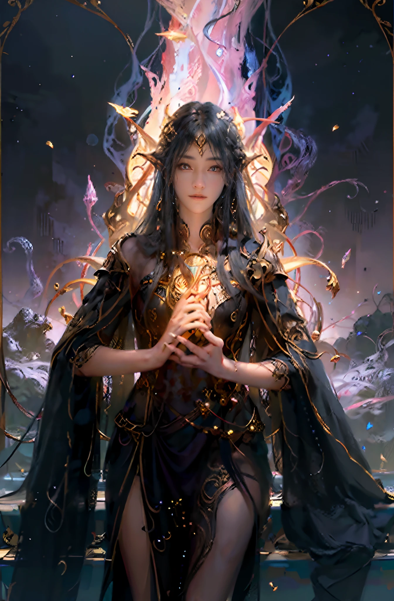 tarot cards，Full tarot border，(The image is surrounded by a tarot card-style border:1.8), (Masterpiece, High quality, Best quality, offcial art, Beauty and aesthetics:1.2),(theelementoffire:1.4),（1 young woman：1.6）,Composed of fire elements，Highly realistic,posing elegantly,Transparency,Sci-fi lighting effects,dress,Flame,hoang lap，climaxing，，brown  hair，best qualtiy，tmasterpiece，（realisticlying：1.4），RAW photos，vibrant with colors，Flow and movement。salama，hilltop，Great giants，Sexy gesture，Barefoot，without wearing shoes，Deep background，Fantastic and incredible，Epic composition，(Complicated details，Hyper-detailing:1.2)，art  stations，（tmasterpiece，best qualtiy）surrealism, shadowing, anaglyph, stereograms, angle of view, Cinematic lighting, 8K, Super detail, ccurate, Best quality, A high resolution, Award-Awarded, Anatomically correct，Burning body，Elaborate Eyes，delicated face，Right eyes，long layered silvery white hair，Black cape，lots of flames，Buble, shells, Fish, pearls，Nautilus，A plant，jelly fish，The corals，Vintage style，（zentangle，datura，Tangles，entangled）， (s fractal art: 1.3)，holy rays，gold foil，Gold leaf art，glitter drawing，Full tarot border，（Full border 1.5），Fang Yi，