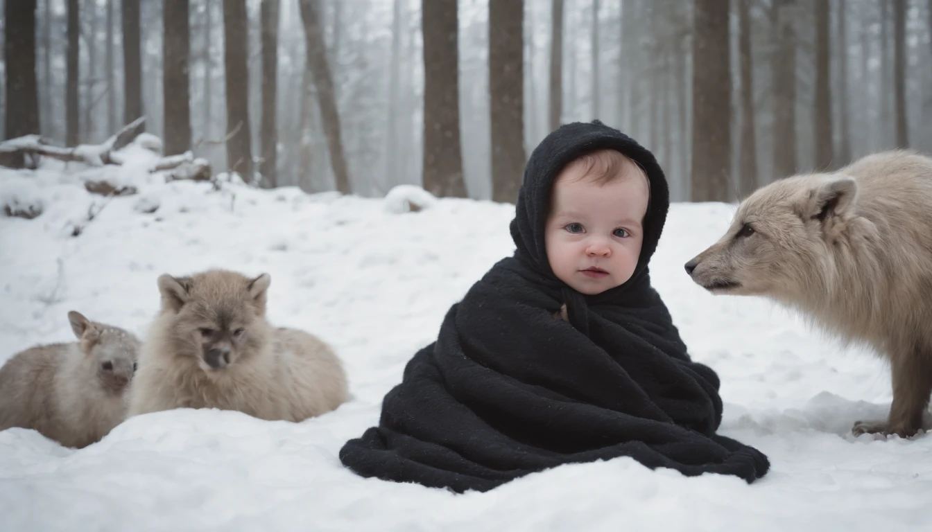 abandoned in the snow lying limbs exposed on blankets of wool and fur, medieval Hungary, eerie, gothic, night, snow covered forest, scene from horror film, 8k, ultrarealistic, cinematic, cinematic scene from film