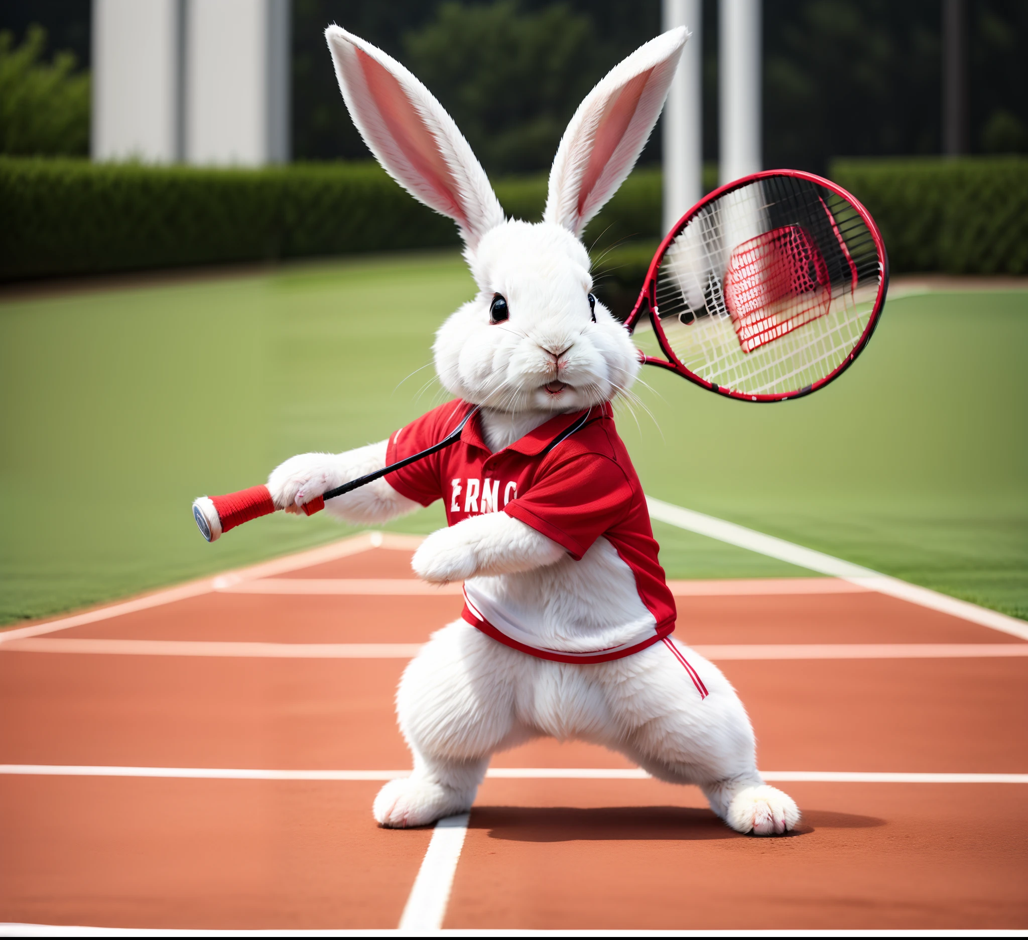 There was a rabbit playing tennis on the court, Badminton,Red sports shirt and shorts, in an action pose, sports mascot, Fun bunny high quality wallpapers, Playing tennis,, in a fighting stance, ultra-realistic picture, in a fighting pose,Rabbits in action, Amazing wallpapers, highly realistic photograph, Be prepared for an attack