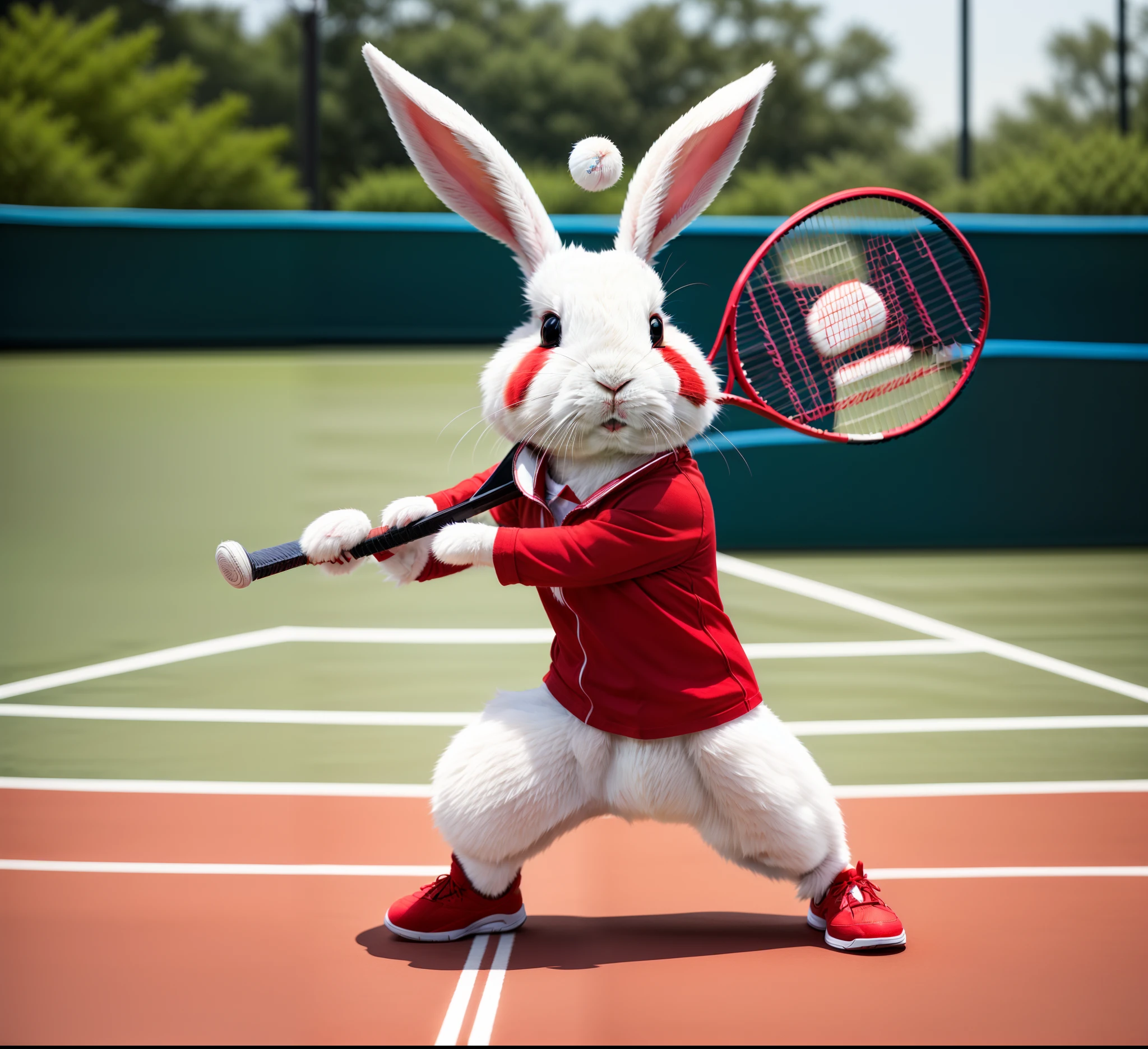 There was a rabbit playing tennis on the court, Badminton,Red sports shirt and shorts, in an action pose, sports mascot, Funny rabbit high quality wallpapers, Playing tennis,, in a fighting stance, ultra-realistic picture, in a fighting pose,Rabbits in action, Amazing wallpapers, highly realistic photograph, Be prepared for an attack