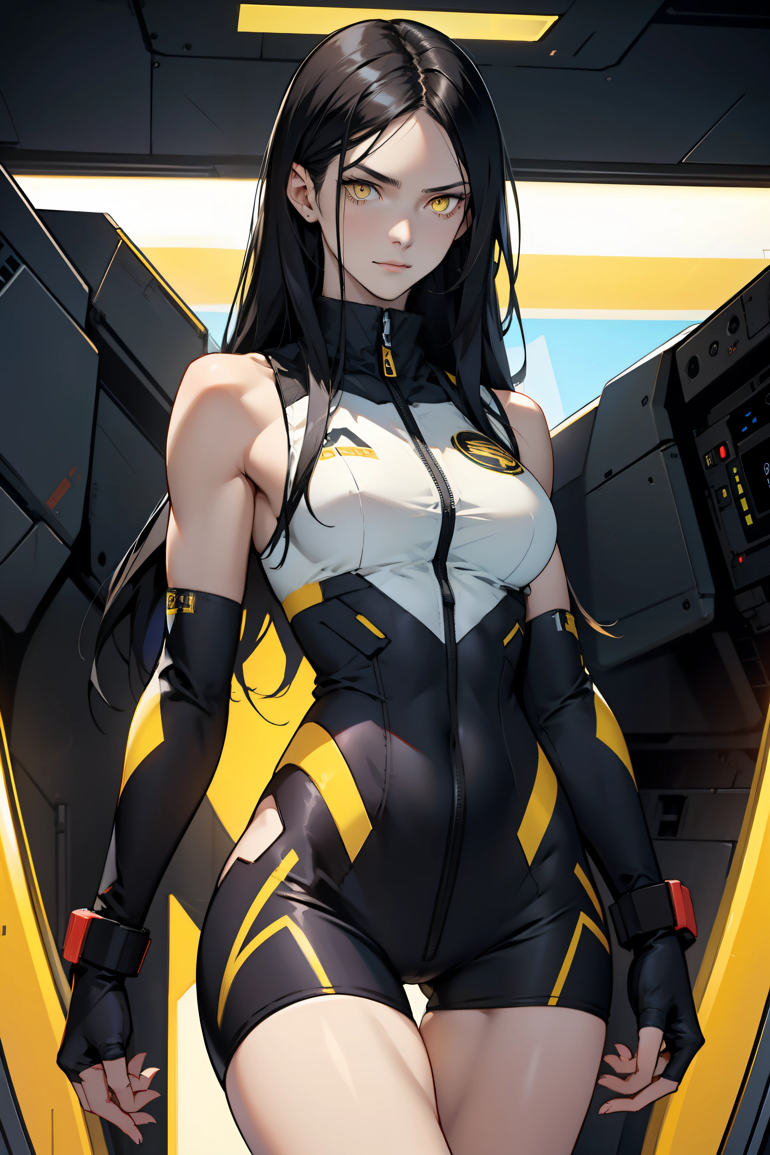 1 girl, black hair, yellow eyes, very long hair, pale skin, fit body, slender body, slim waist, large breasts, (confident expression), pilot suit, thigh gap