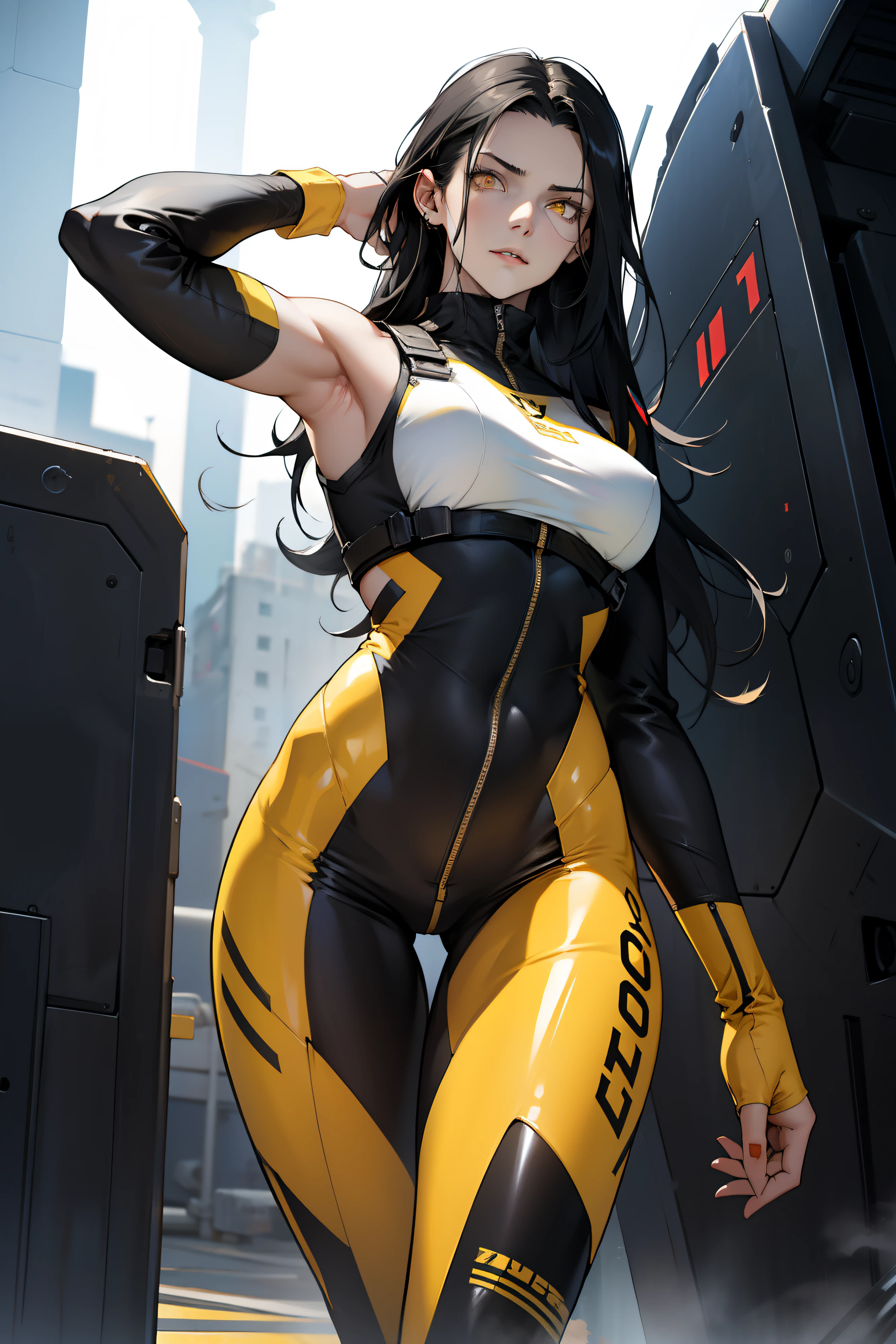 1 girl, black hair, yellow eyes, very long hair, pale skin, fit body, slender body, slim waist, large breasts, (confident expression), pilot suit, thigh gap, bare thighs, sleeveless
